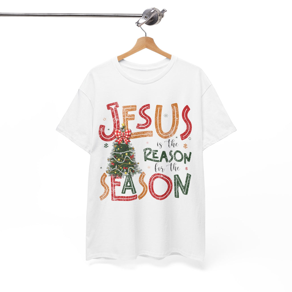 Jesus Is the Reason for the Season Christmas T-Shirt — Plaid Bow Tree..Unisex Cotton Tee