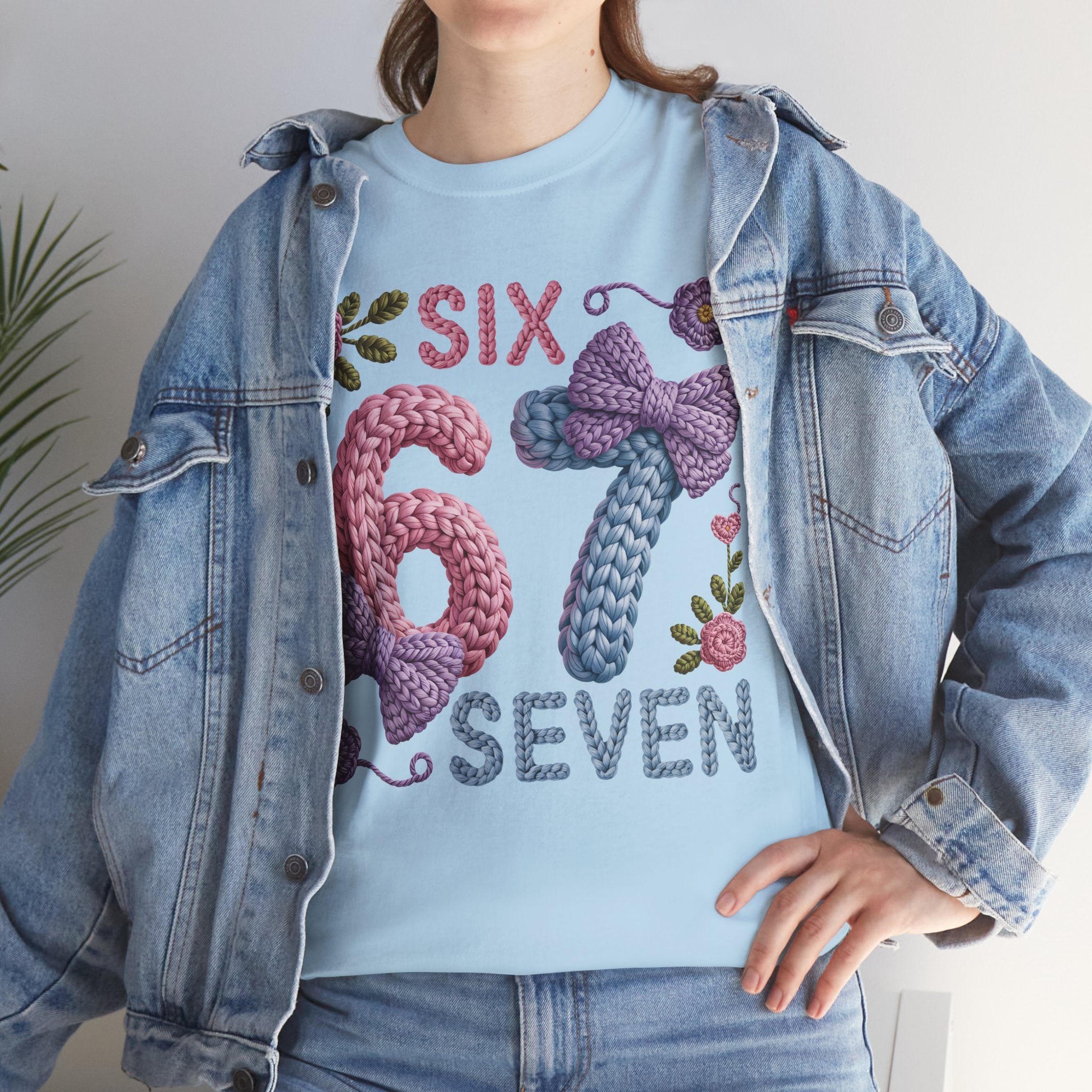 Pastel Crochet Numbers 6 & 7 Tee — Faux-Yarn Bows & Flowers. Unisex Cotton Tee