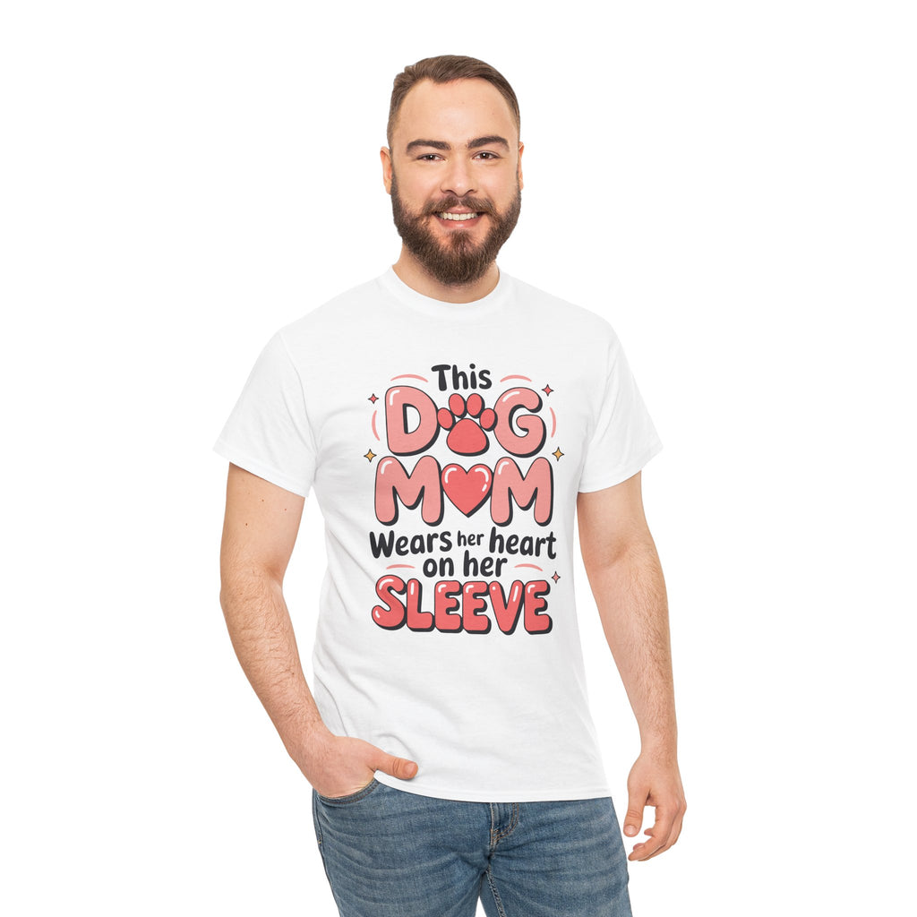 Dog Mom T-Shirt — "This Dog Mom Wears Her Heart on Her Sleeve" Paw & Heart Unisex Cotton Tee