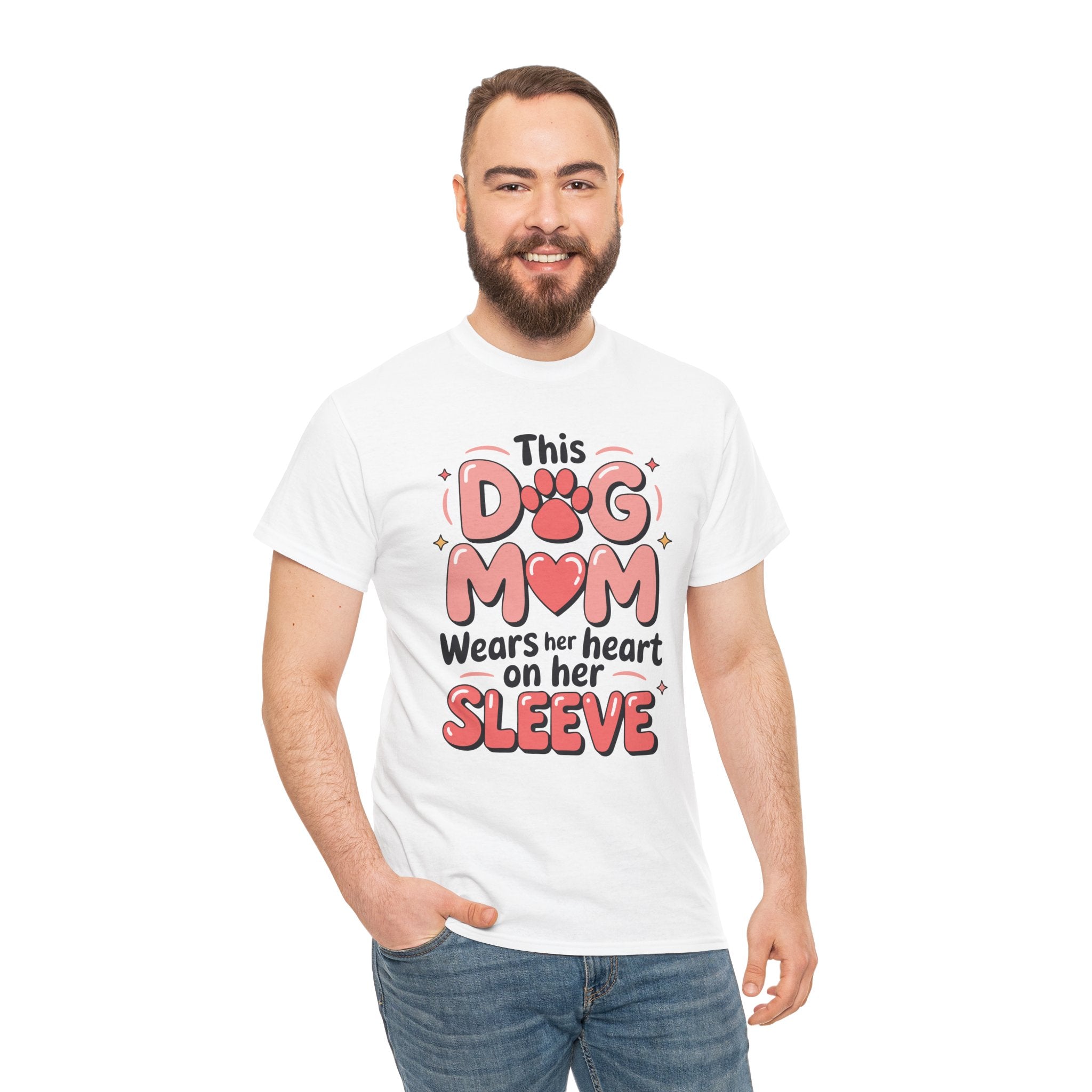 Dog Mom T-Shirt — "This Dog Mom Wears Her Heart on Her Sleeve" Paw & Heart Unisex Cotton Tee