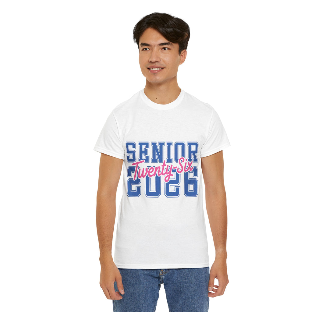 Senior 2026 Tee — Pink Varsity Block with Blue Script Overlay Unisex Cotton Tee