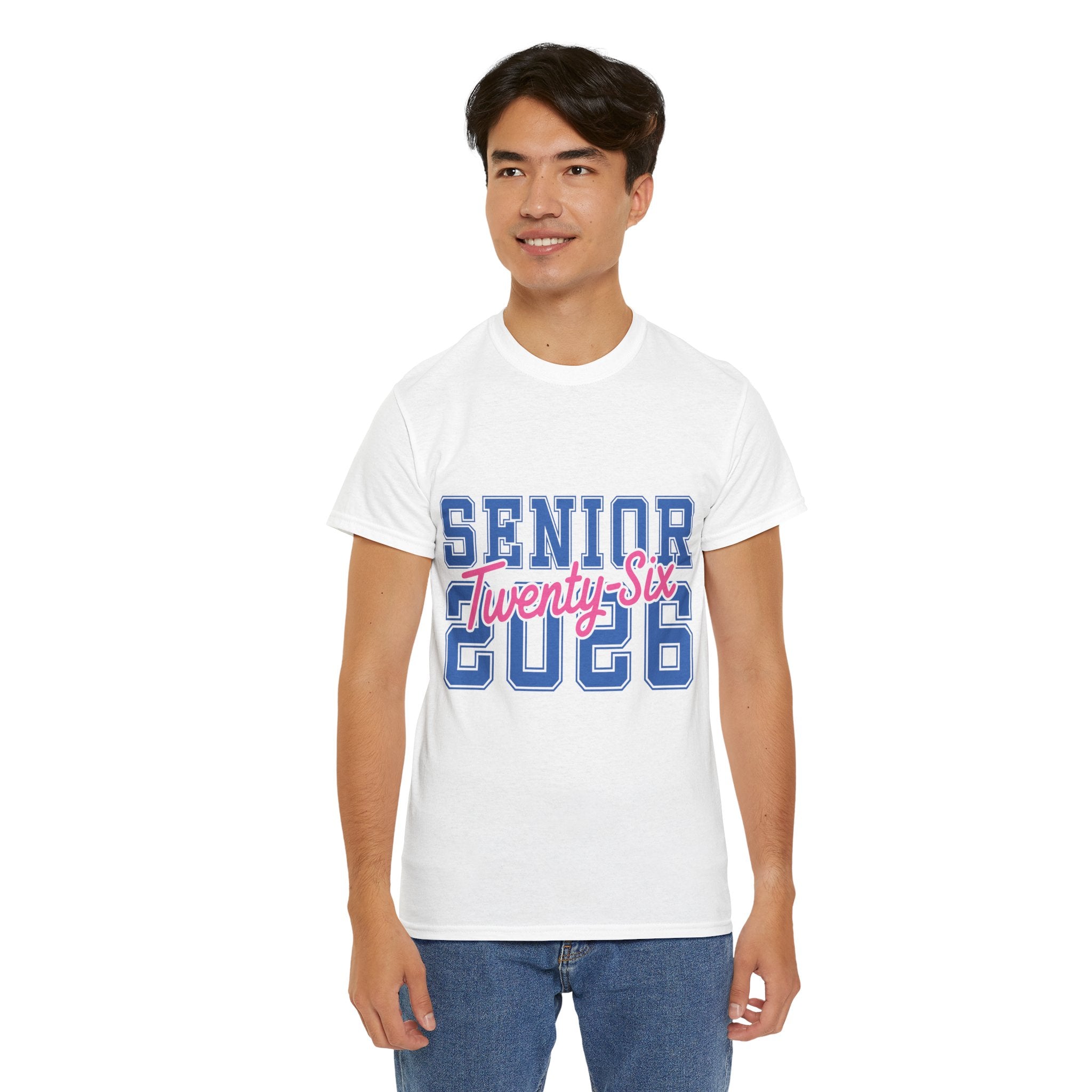 Senior 2026 Tee — Pink Varsity Block with Blue Script Overlay Unisex Cotton Tee