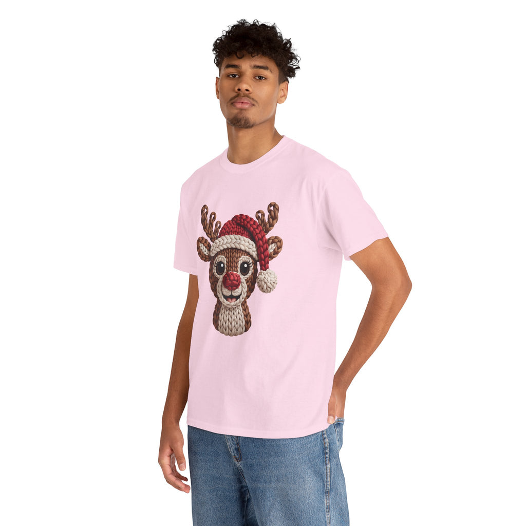 Reindeer in Santa Hat Cotton Tee — Joyful Faux-Yarn Holiday Unisex Coton T-Shirt