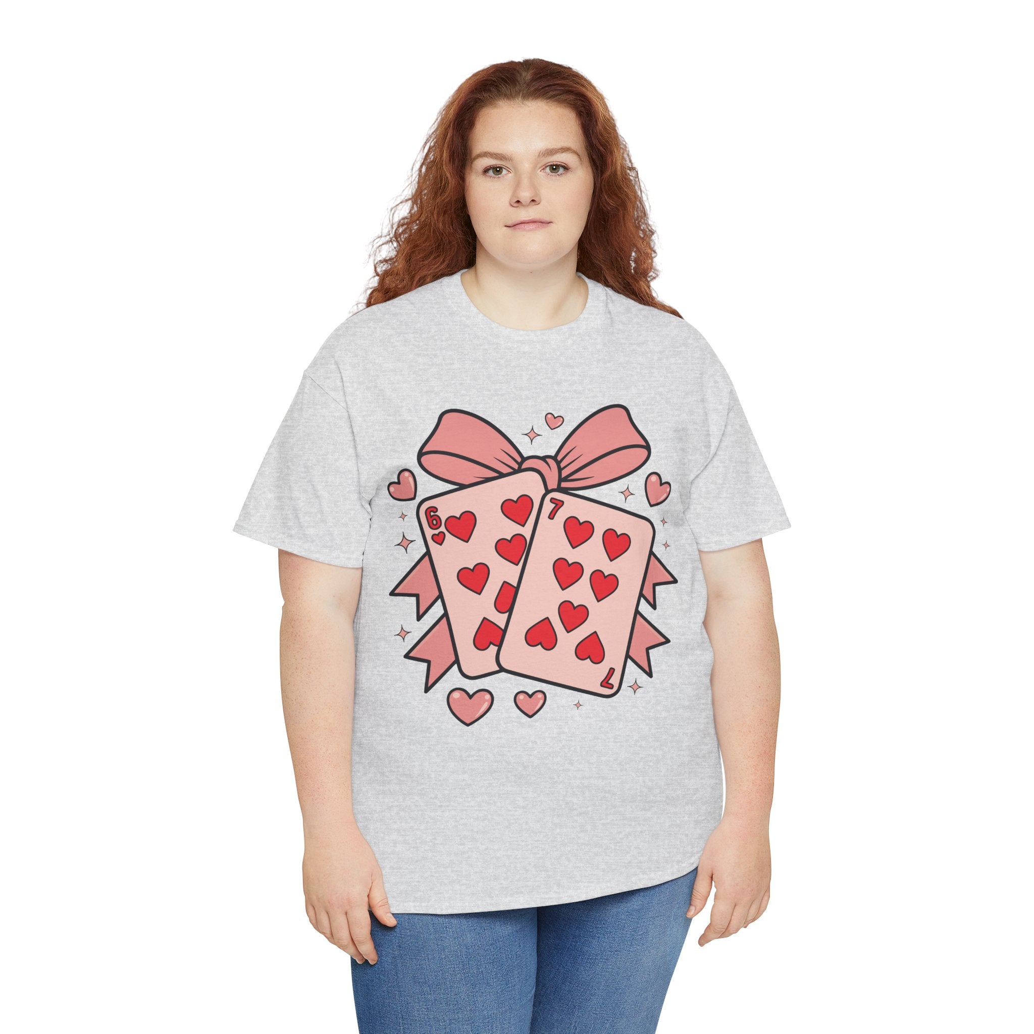 6 & 7 of Hearts T-Shirt — Paired Playing Cards with Pink Bow Unisex Cotton Tee