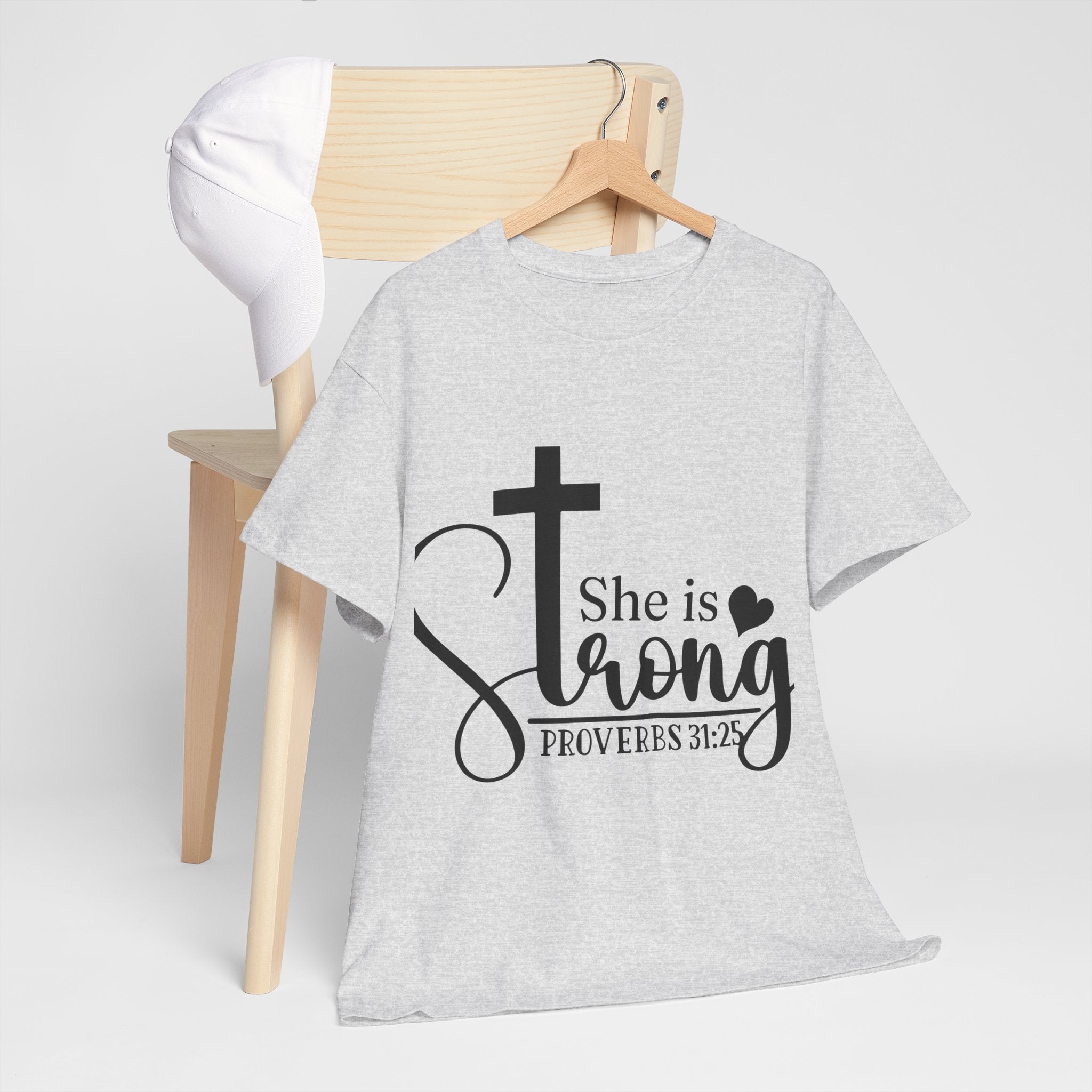 Proverbs 31:25 'She is Strong' T-Shirt – Christian Cross & Heart Unisex Cotton Tee