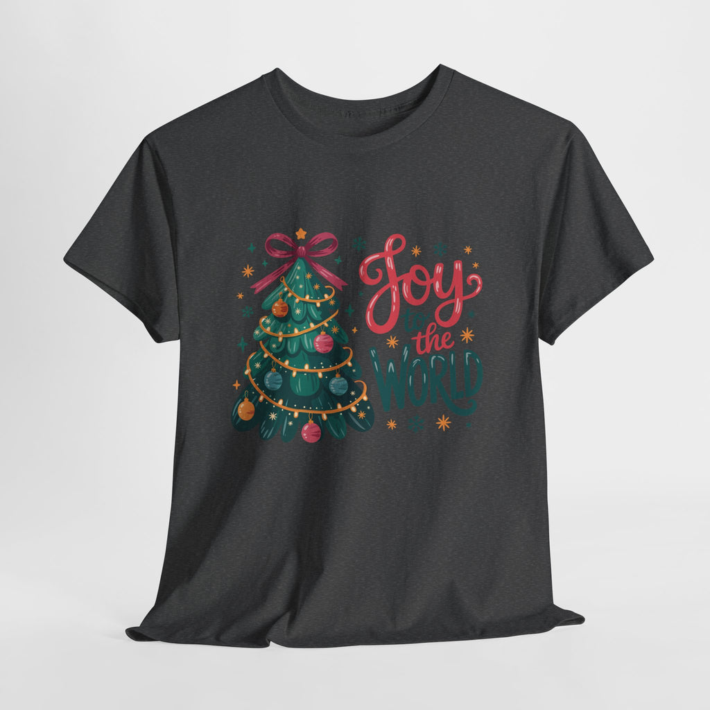 Joy to the World Christmas Tee — Festive Tree with Pink Bow..Unisex Cotton Tee
