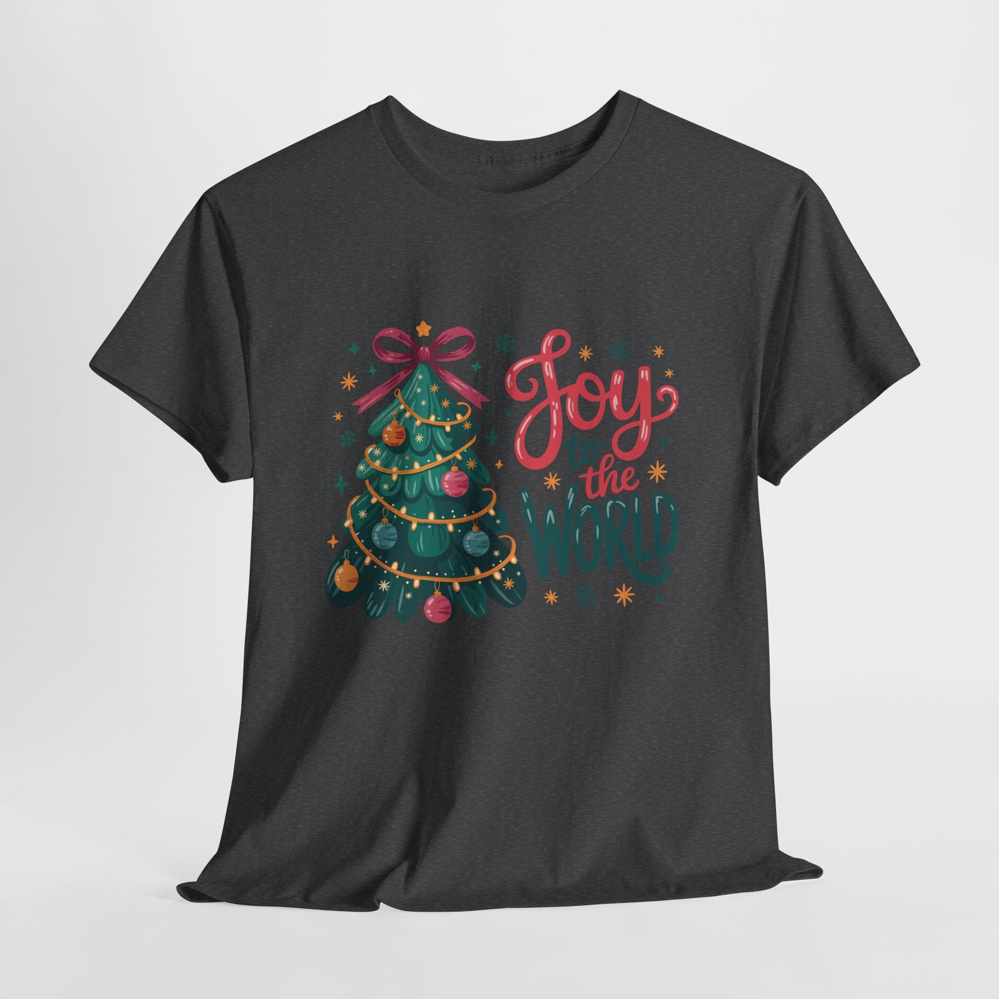 Joy to the World Christmas Tee — Festive Tree with Pink Bow..Unisex Cotton Tee