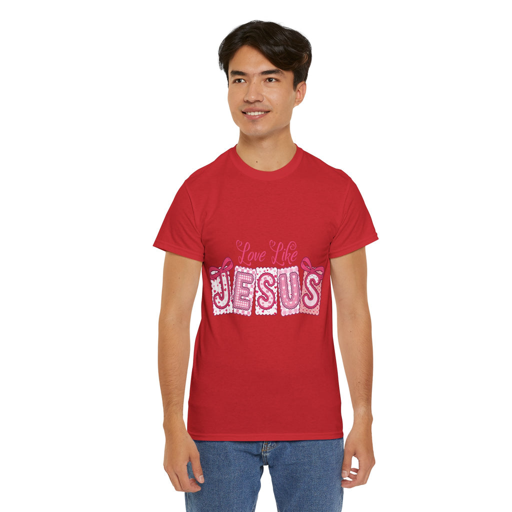 Love Like Jesus Patchwork Tee — Pink Stitched Heart Graphic.Unisex Cotton Tee