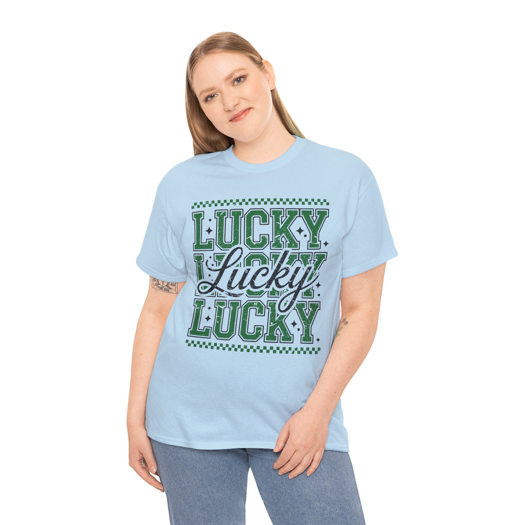 Lucky Varsity Tee — Layered Green ‘Lucky’ Graphic Unisex Cotton Tee
