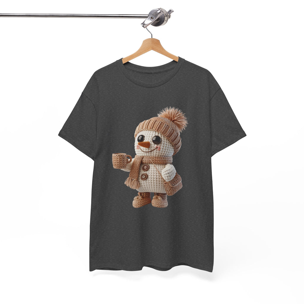 Cozy Snowman Tee — Smiling Snowman with Mug, Scarf & Beanie. Unisex Cotton Tee