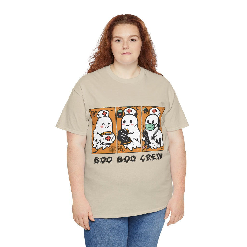 Halloween Nurse T-Shirt — Ghost Nurses Holding Medical Tools on Orange Unisec Cotton Tee