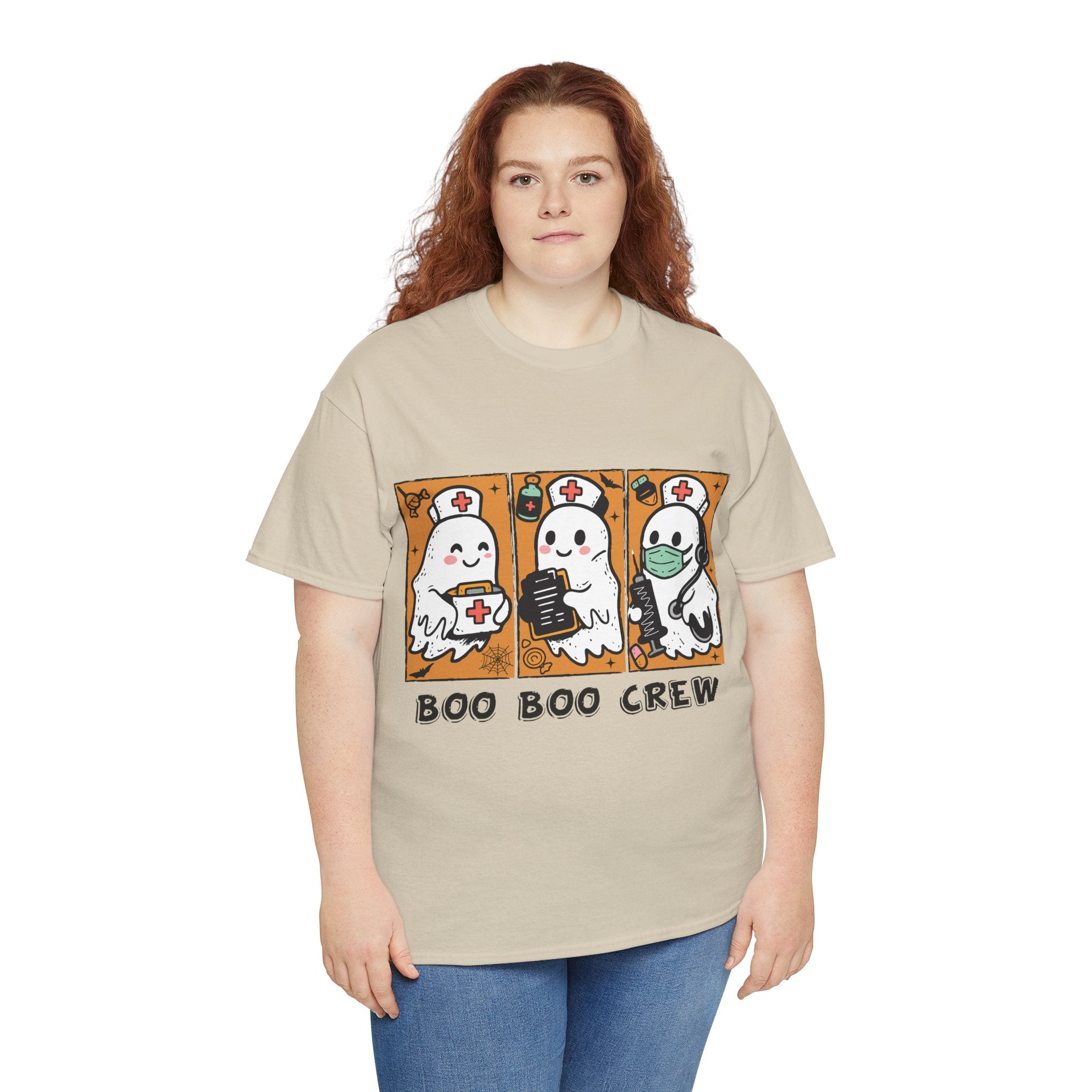 Halloween Nurse T-Shirt — Ghost Nurses Holding Medical Tools on Orange Unisec Cotton Tee