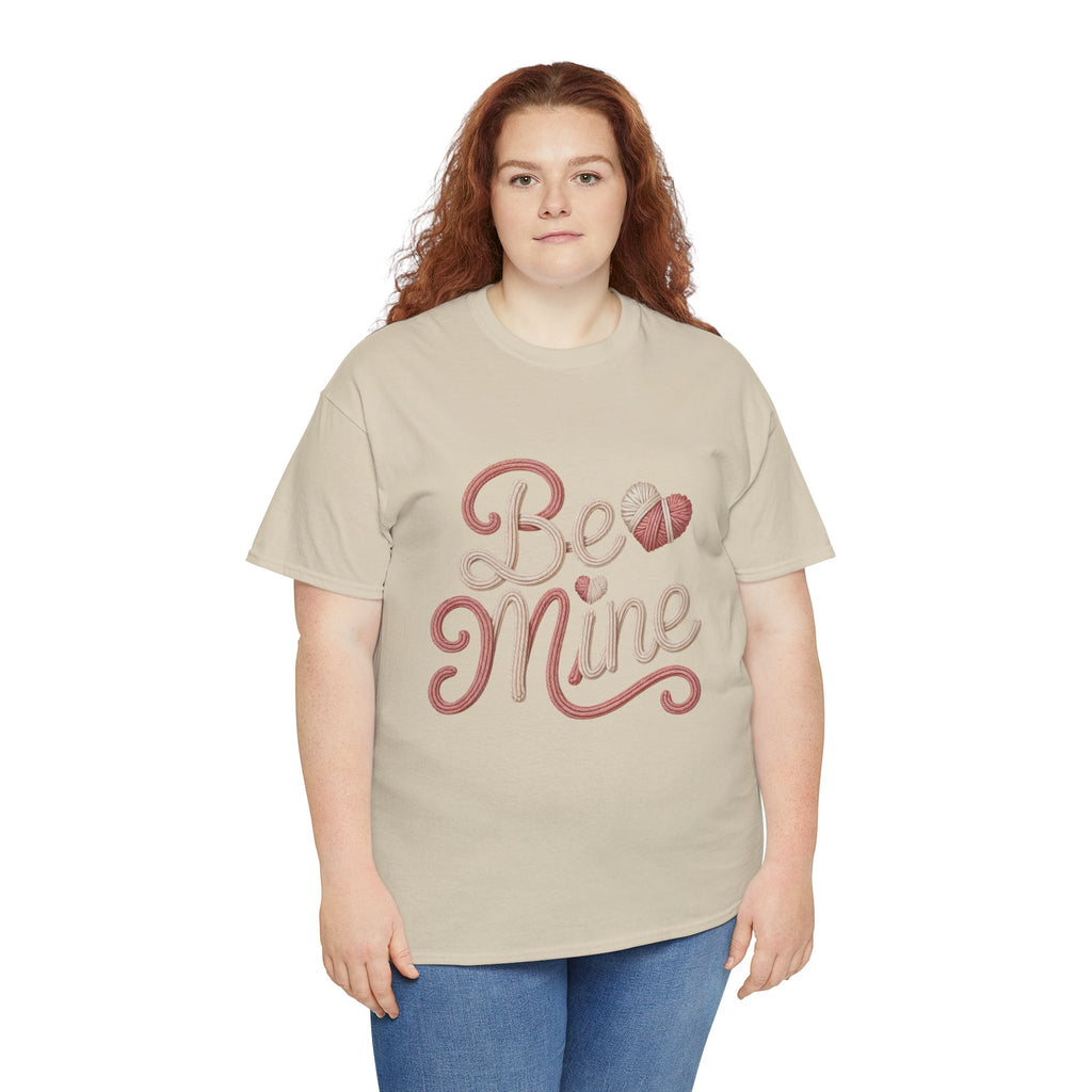 Be Mine Yarn Heart T-Shirt — Valentine’s Faux-Yarn Pink & Cream Unisex Cotton Tee