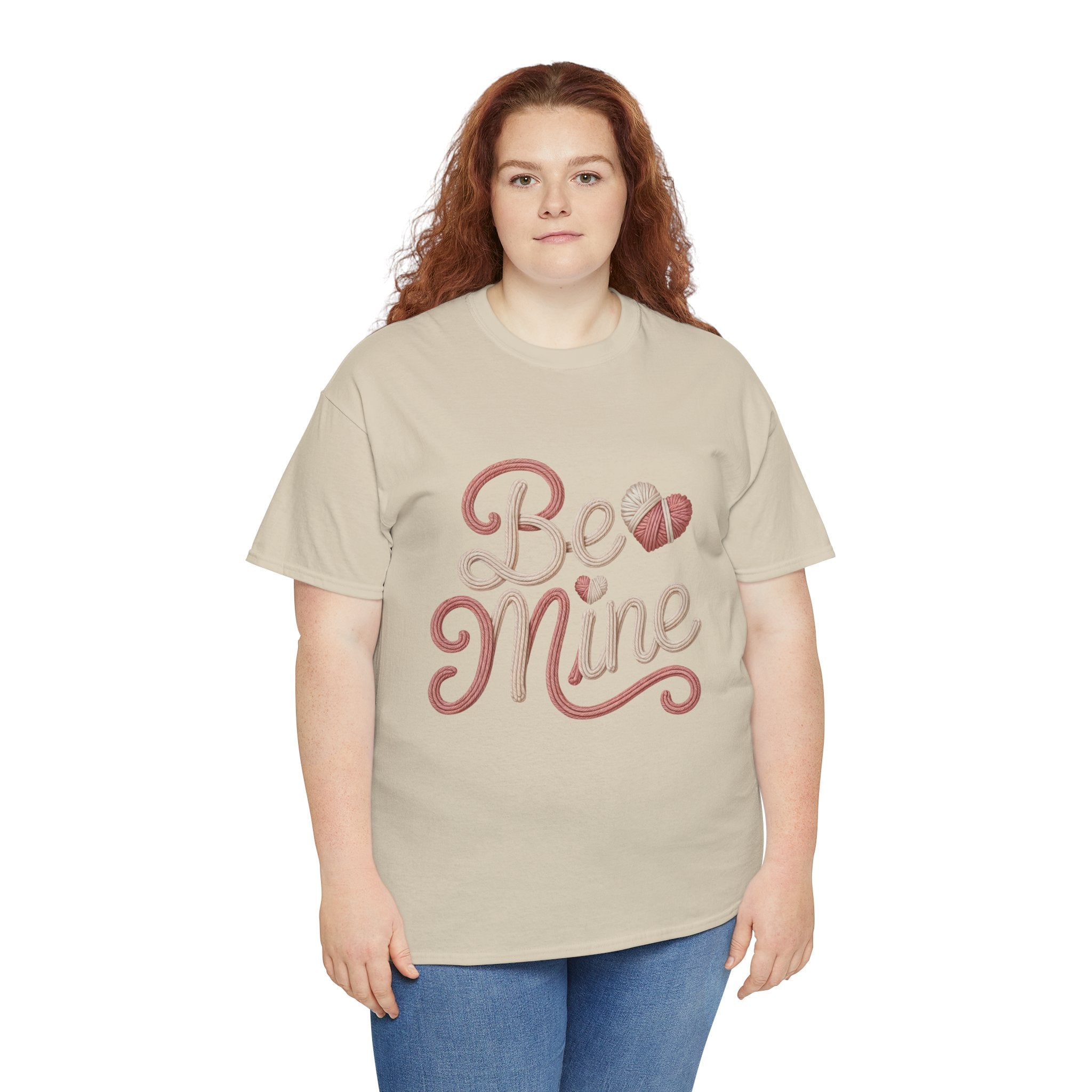 Be Mine Yarn Heart T-Shirt — Valentine’s Faux-Yarn Pink & Cream Unisex Cotton Tee