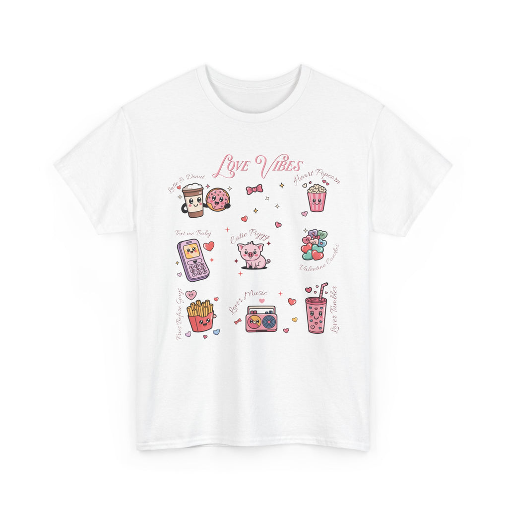 Love Vibes Kawaii Valentine T-Shirt — Cute Donut, Coffee & Piglet Design Unisex Cotton Tee