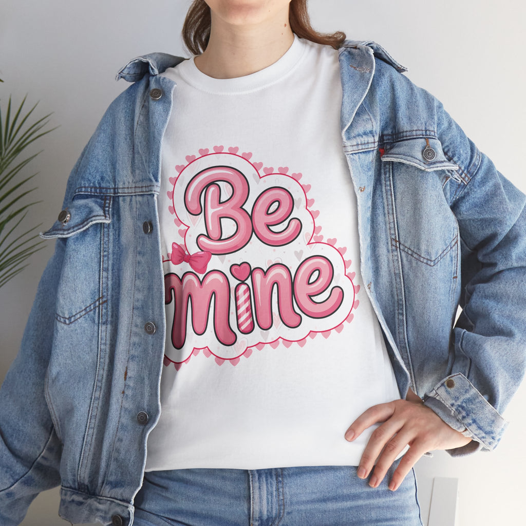 Be Mine Valentine T-Shirt — Pink Bubble Letters with Hearts & Bow..Unisex Cotton Tee