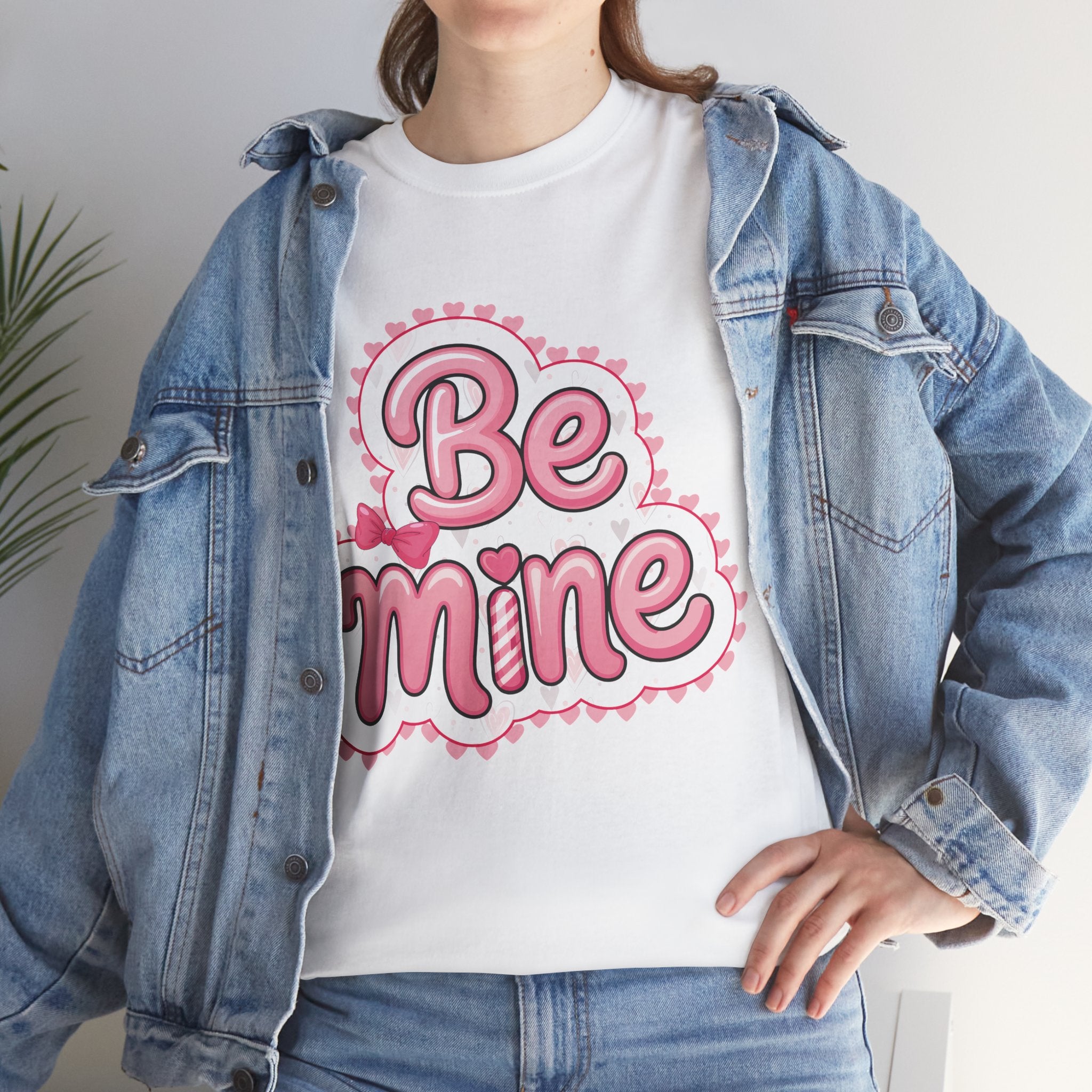 Be Mine Valentine T-Shirt — Pink Bubble Letters with Hearts & Bow..Unisex Cotton Tee