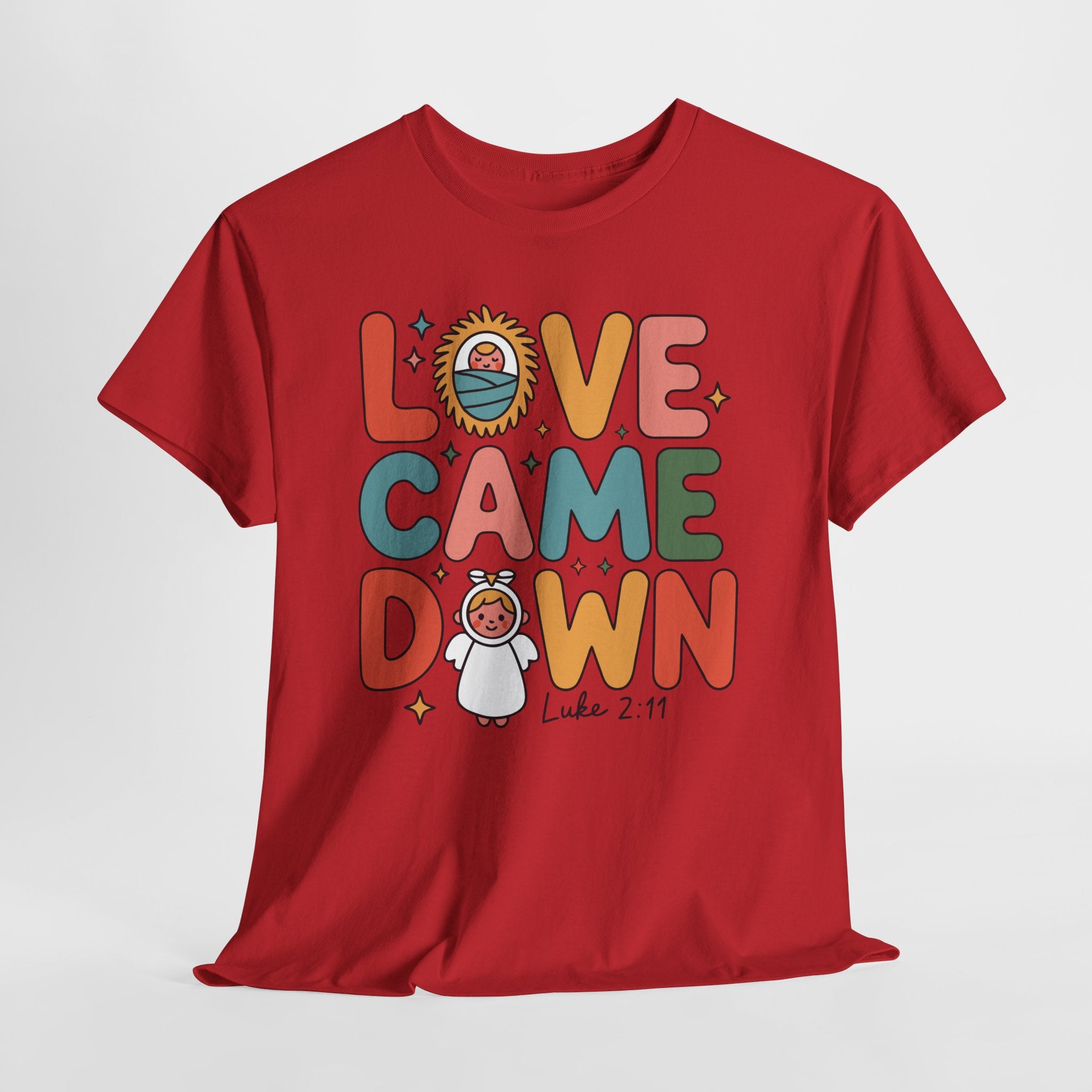 Love Came Down Christmas Tee — Baby Jesus Manger Angel (Luke 2:11)..Unisex Cotton Tee