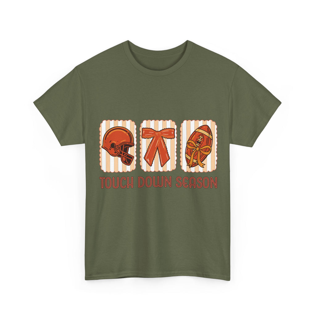 Touch Down Season Football Tee — Striped Fall Helmet & Bow Design Unisex Cotton Tee