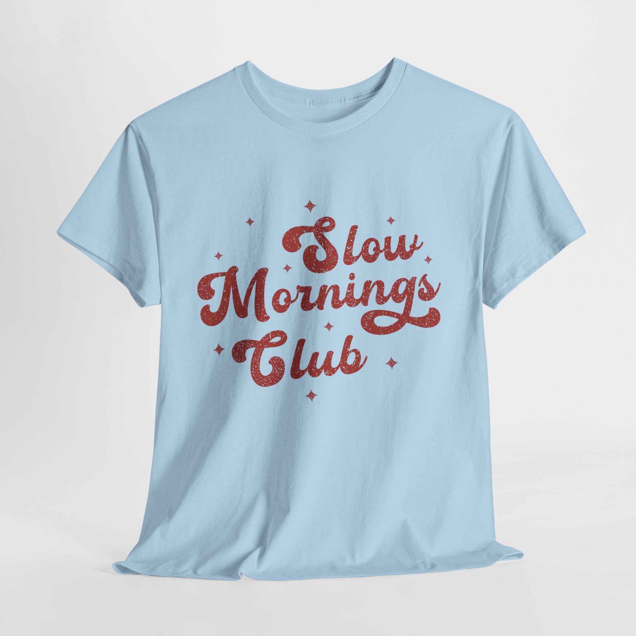 Slow Mornings Club T-Shirt — Retro Red Sparkle Unisex Cotton Tee