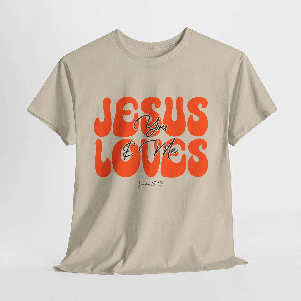 Jesus Loves You & Me Retro Tee — Playful Orange Bubbly Christian Unisex Cotton T-Shirt