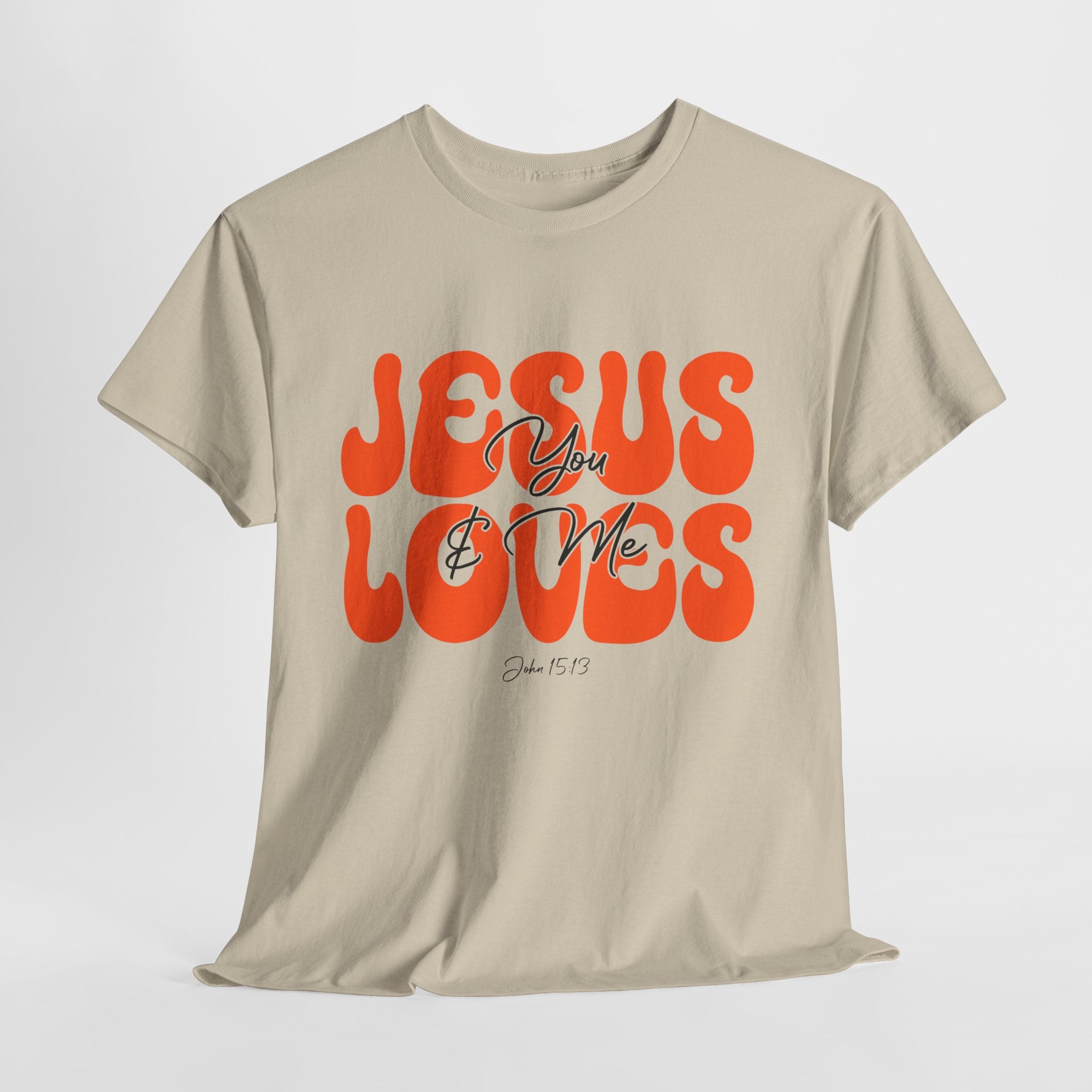 Jesus Loves You & Me Retro Tee — Playful Orange Bubbly Christian Unisex Cotton T-Shirt