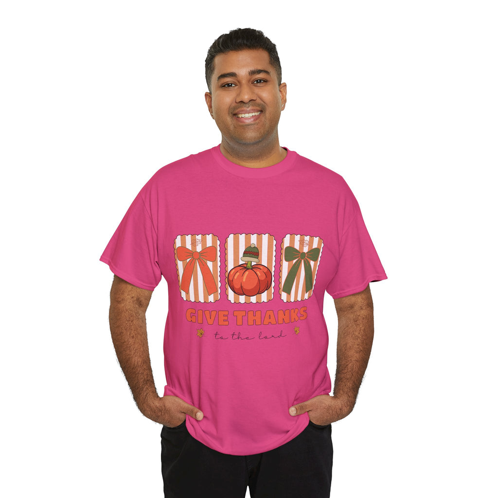 Give Thanks Thanksgiving T-Shirt — Pumpkin with Hat & Bows Unisex Cotton Tee