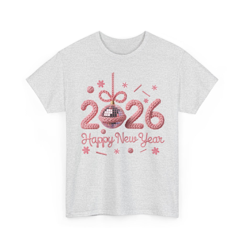 2026 Happy New Year Pink Knitted Disco Ball Unisex Cotton Tee