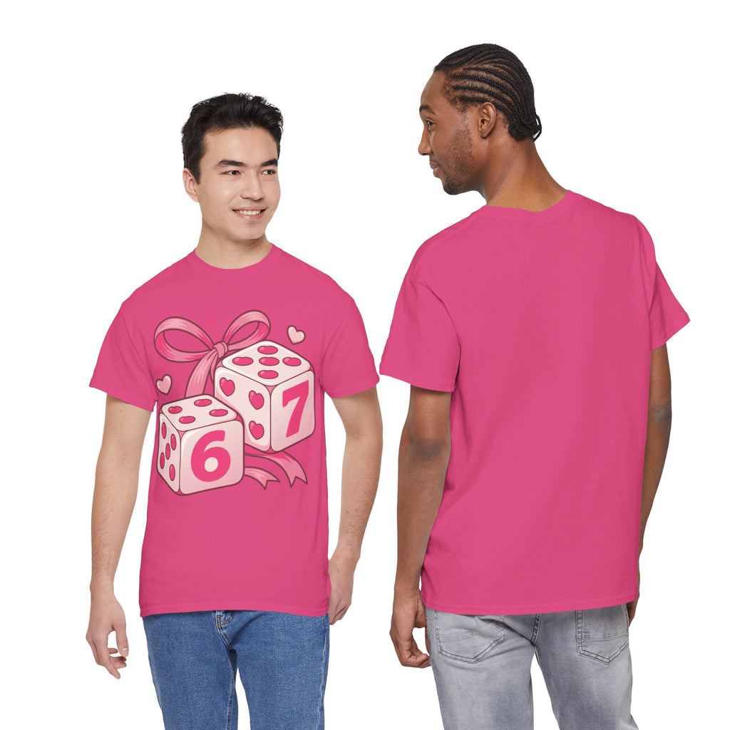 Lucky Love Dice T-Shirt — Pink Heart Dice with Bow..Unisex Cotton Tee
