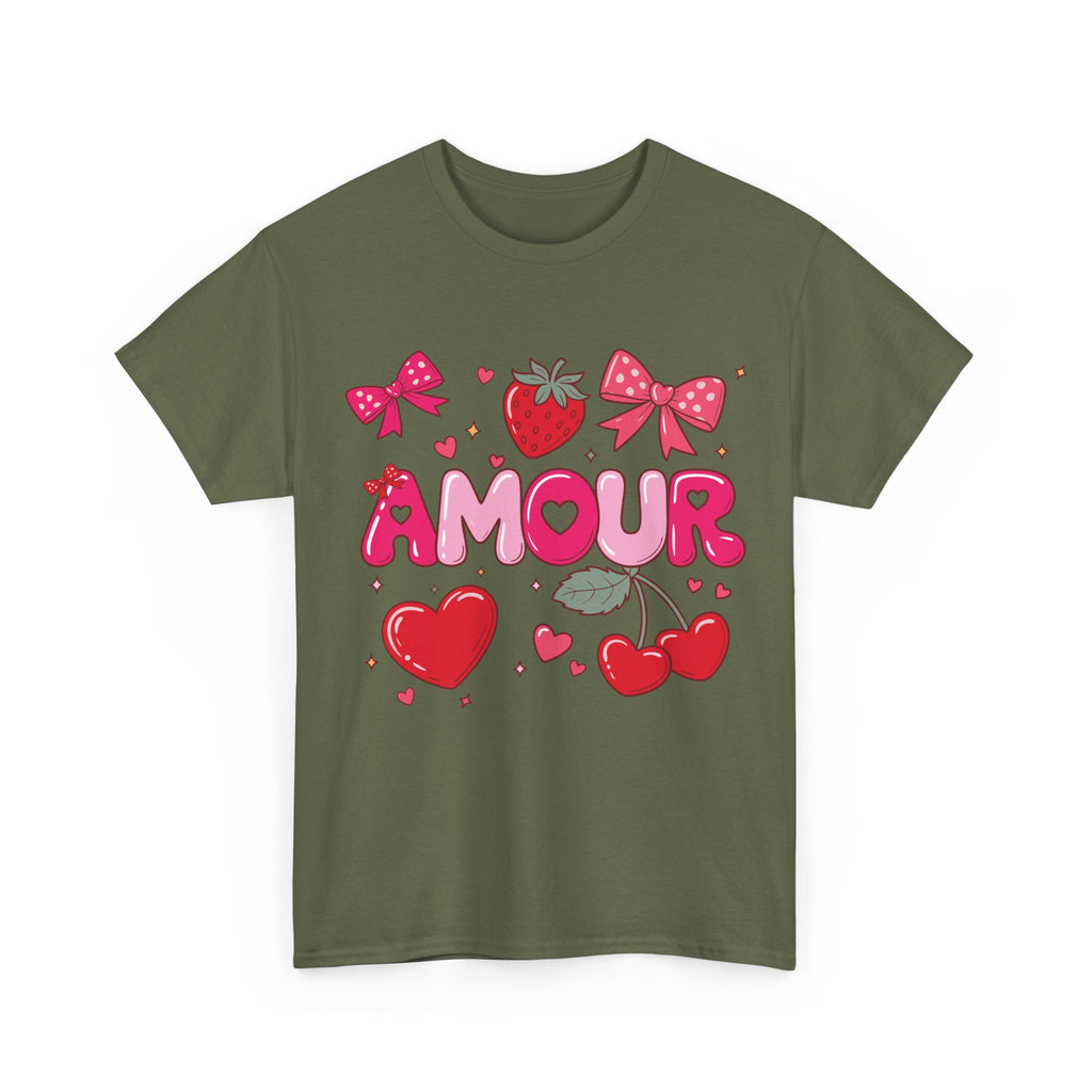 Amour Pink Hearts Tee — Shiny Lettering with Bows, Cherries & Strawberry Accent...Unisex Cotton Tee