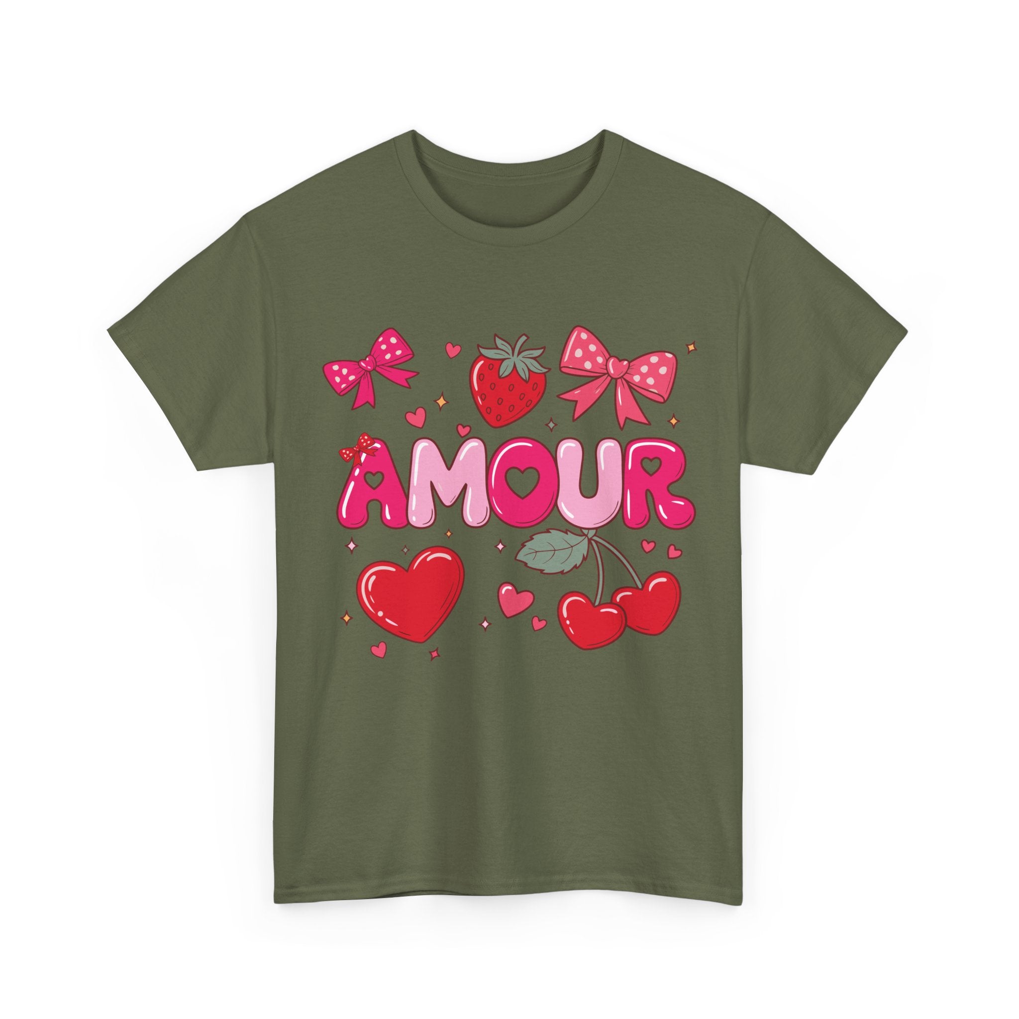 Amour Pink Hearts Tee — Shiny Lettering with Bows, Cherries & Strawberry Accent...Unisex Cotton Tee