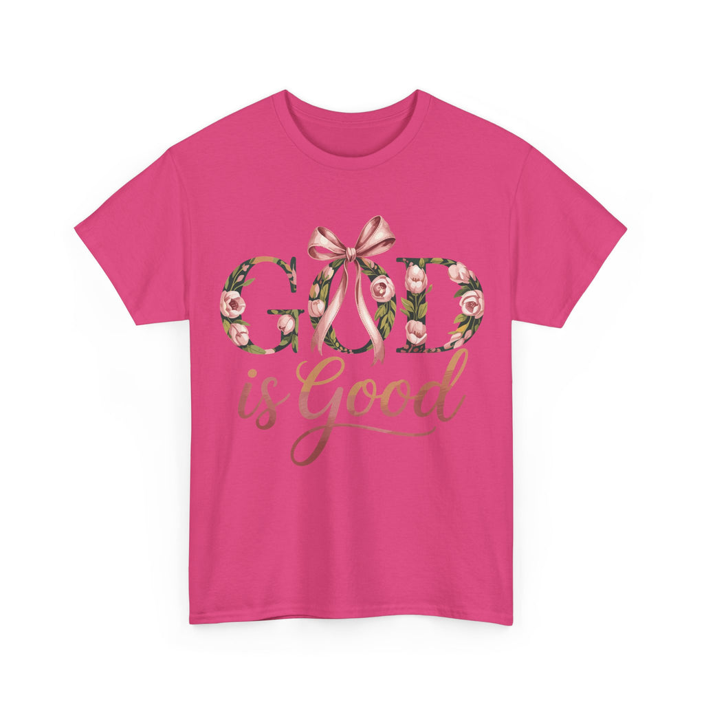 God Is Good Pink Rose Tee — Floral Ribbon Faith Unisex Cotton T-Shirt