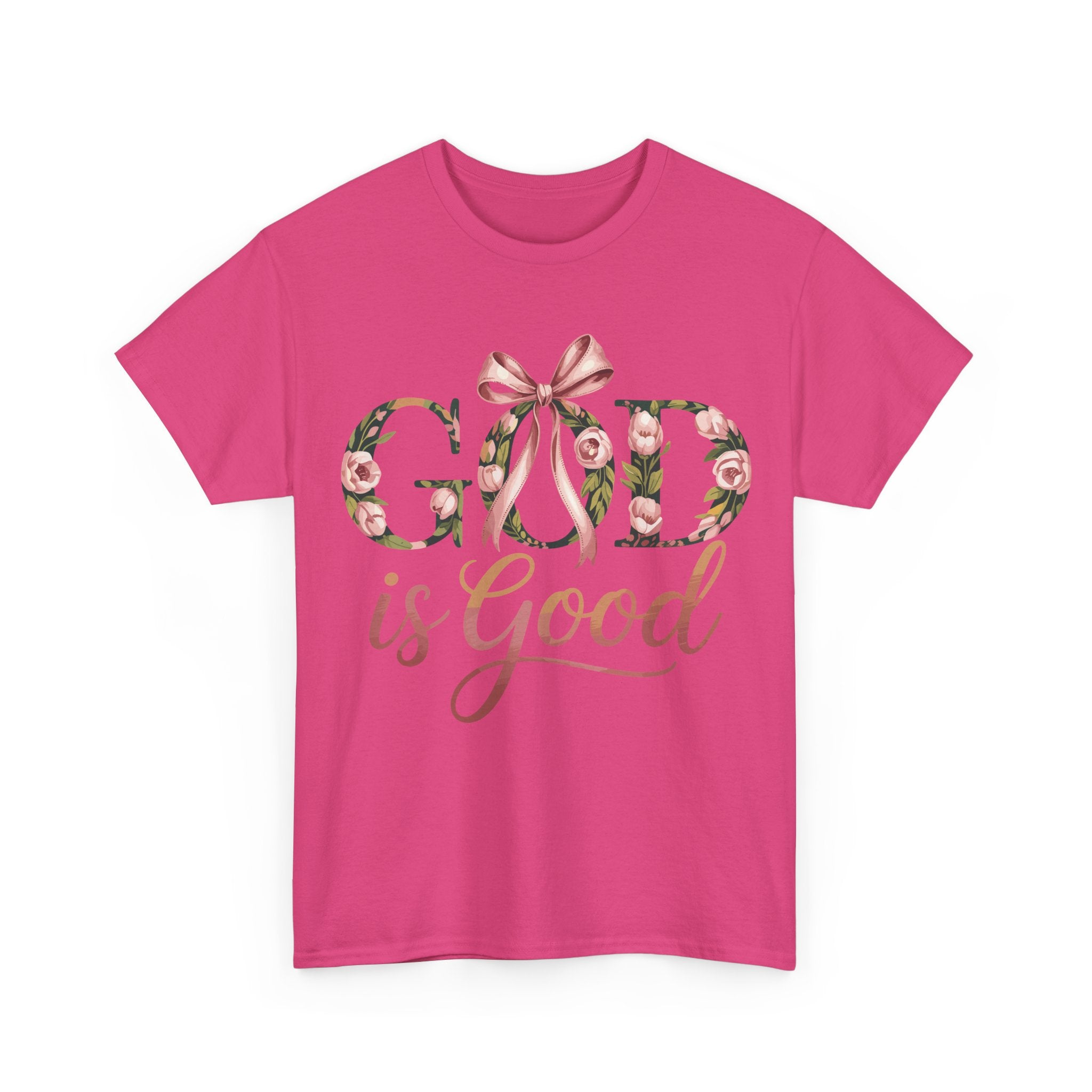 God Is Good Pink Rose Tee — Floral Ribbon Faith Unisex Cotton T-Shirt