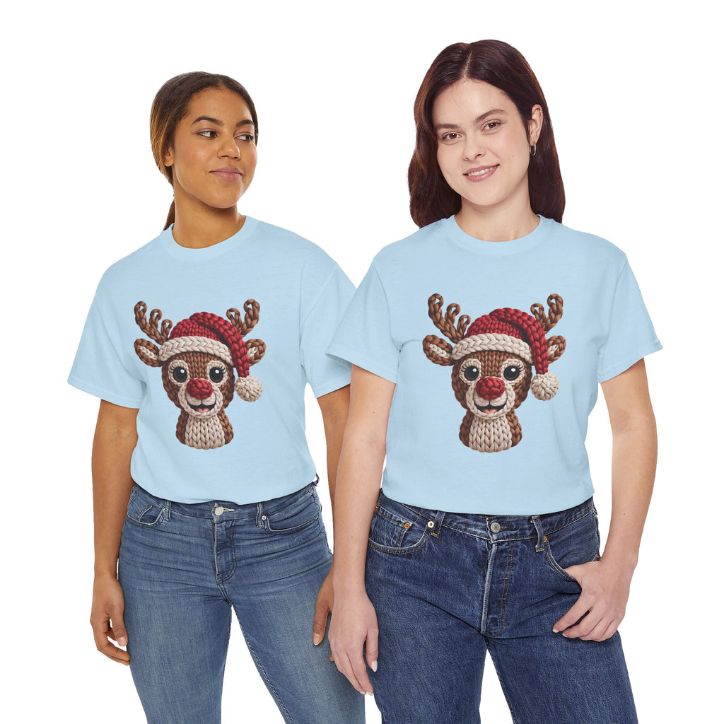 Reindeer in Santa Hat Cotton Tee — Joyful Faux-Yarn Holiday Unisex Coton T-Shirt