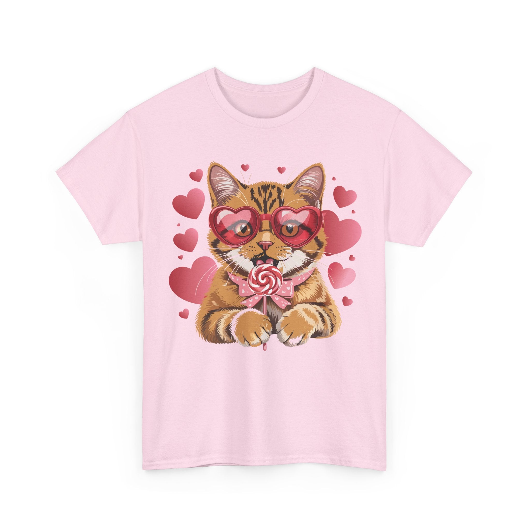Valentine Cat Tee — Heart Glasses, Lollipop Bow Unisex Cotton Tee