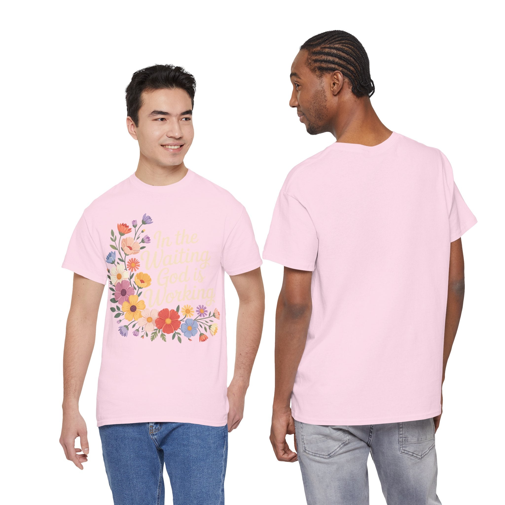 Pastel Floral “In the Waiting God Is Working” Unisex Cotton T-Shirt