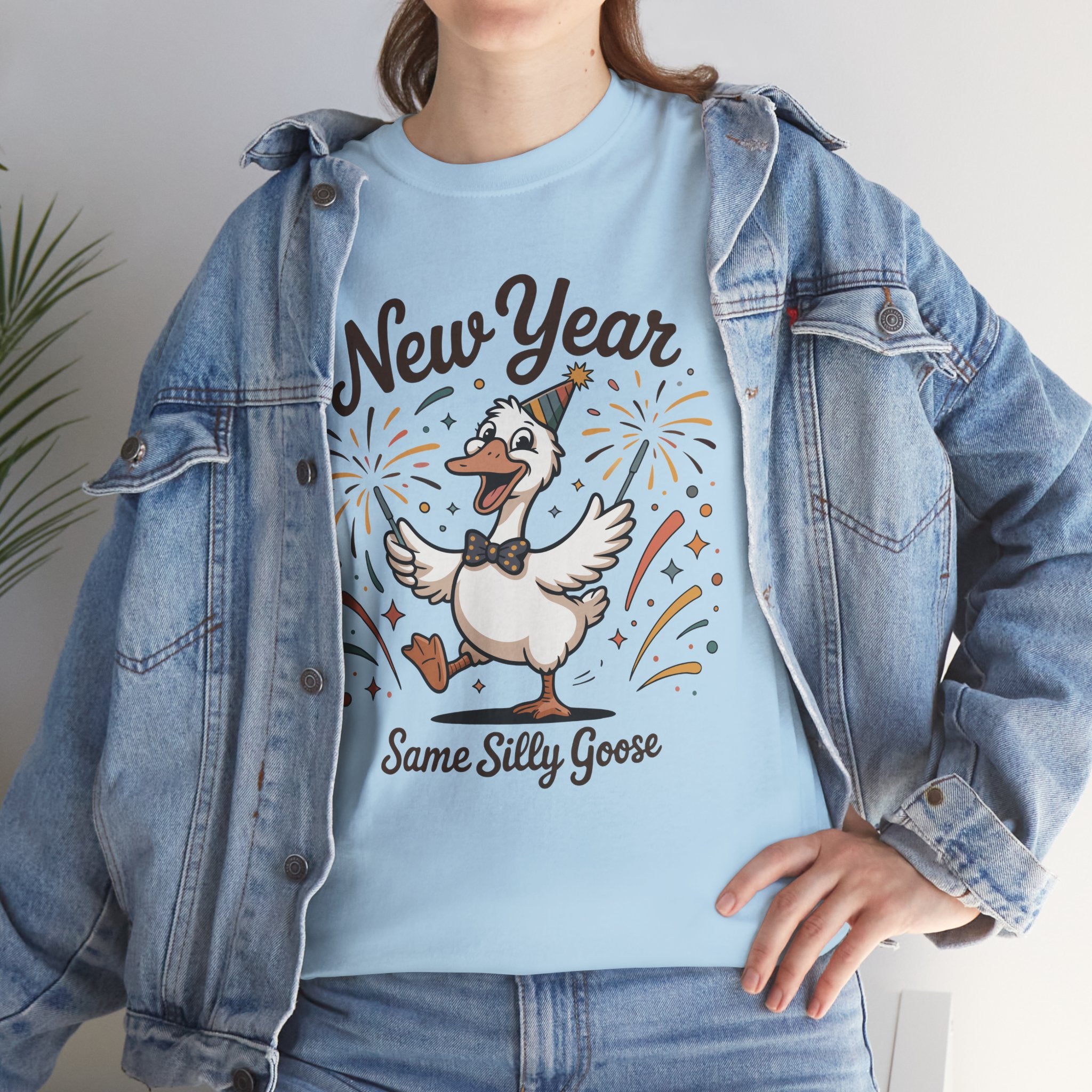 Happy Goose New Year T-Shirt — Party Hat, Fireworks & Confetti Unisex Cotton Tee