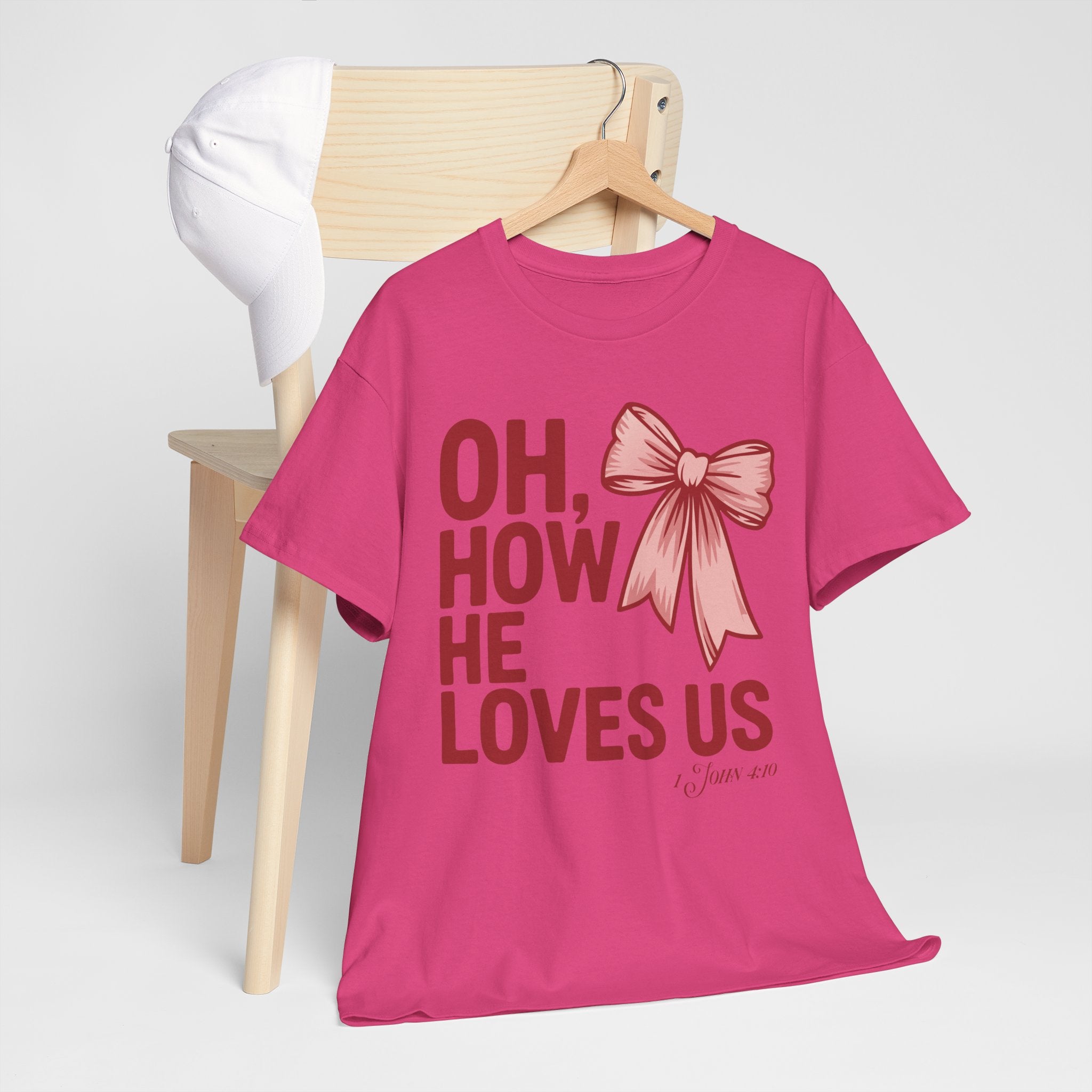 Oh, How He Loves Us Christian Valentine Tee — 1 John 4:10 Red & Pink Unisex Cotton Tee