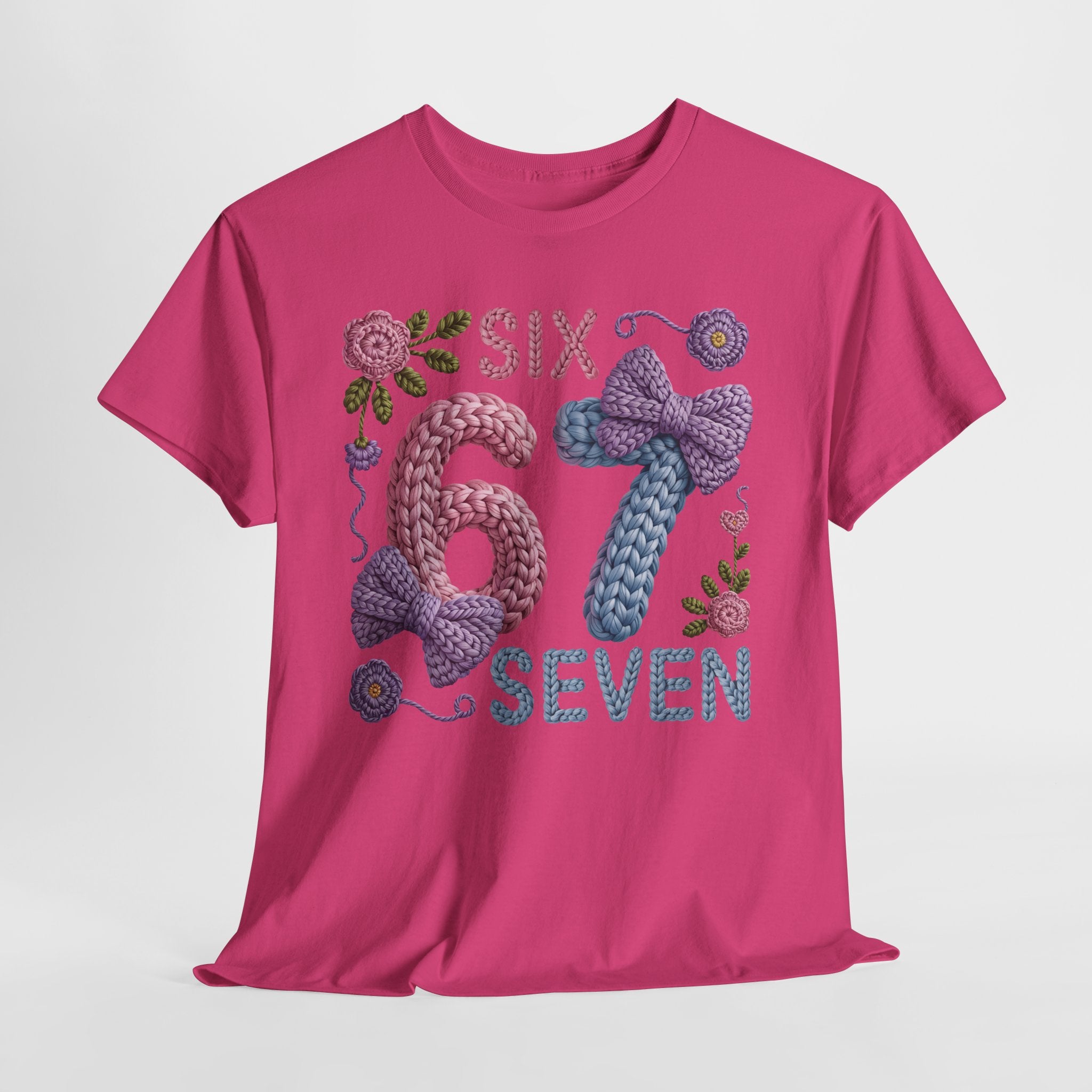 Pastel Crochet Numbers 6 & 7 Tee — Faux-Yarn Bows & Flowers. Unisex Cotton Tee