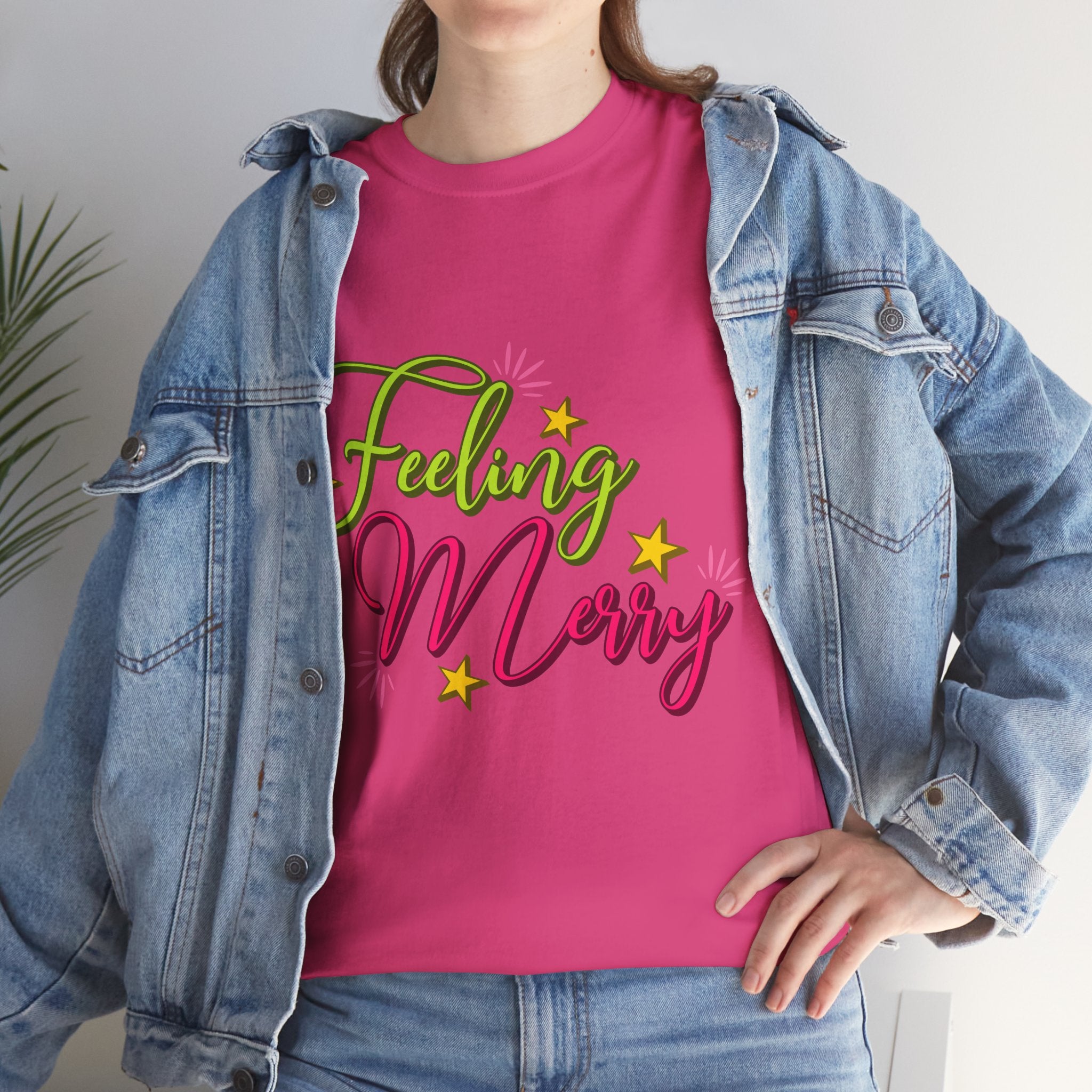 Feeling Merry T-Shirt — Bright Green & Pink Holiday Tee with Stars.Unisex Cotton Tee