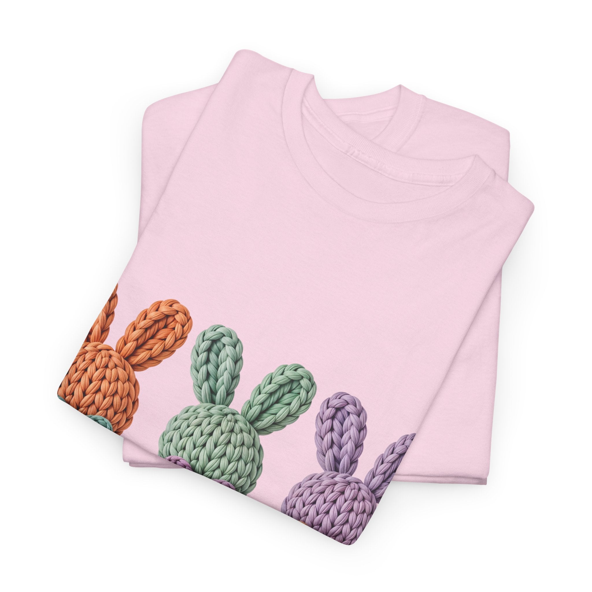 Pastel Crochet Bunny Tee — Trio of Faux Knit Bunnies with Bows & Flowers Unisex Cotton Tee