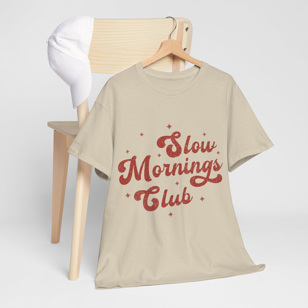 Slow Mornings Club T-Shirt — Retro Red Sparkle Unisex Cotton Tee