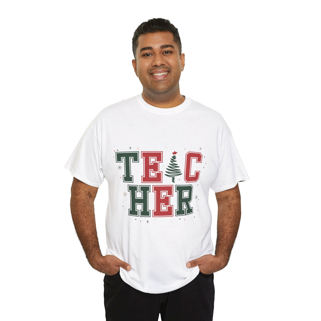 Teacher Christmas Varsity T-Shirt — Red & Green Holiday Unisex Cotton Tee