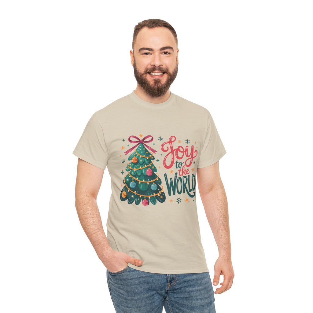 Joy to the World Christmas Tee — Festive Tree with Pink Bow..Unisex Cotton Tee