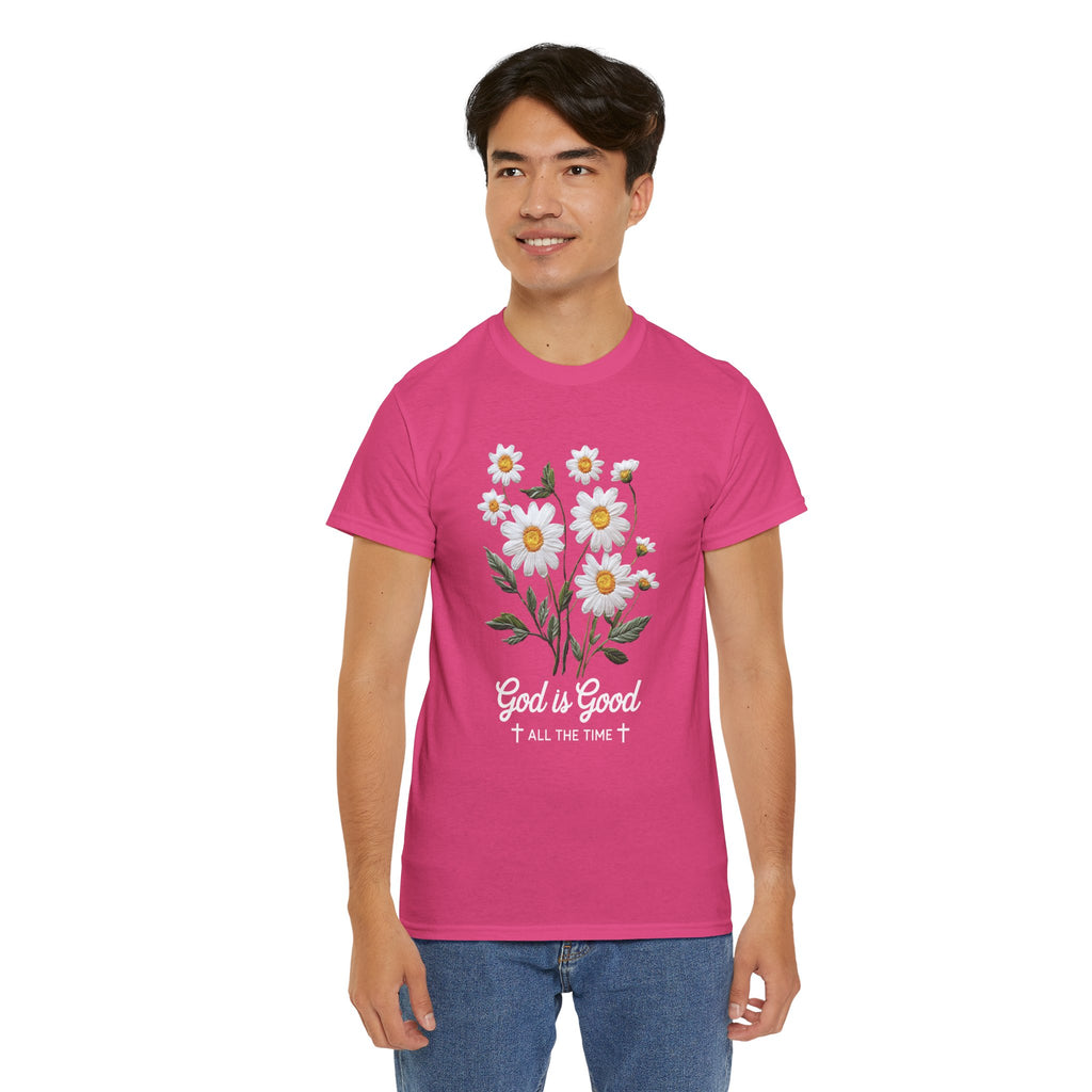 God Is Good All The Time Embroidered Daisy Unisex Cotton Tee