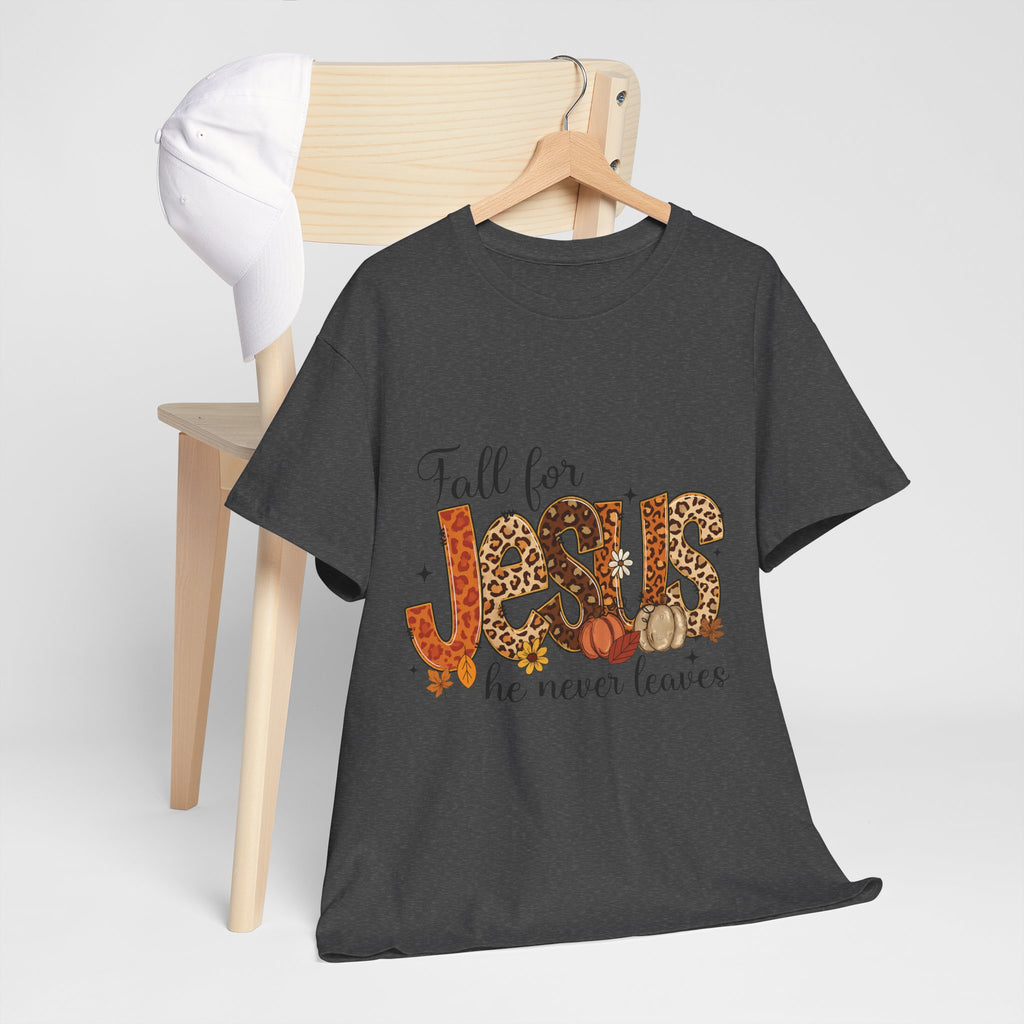 JESUS Leopard Print Fall T-Shirt — Pumpkins, Leaves & Floral Christian Unisex Cotton Tee