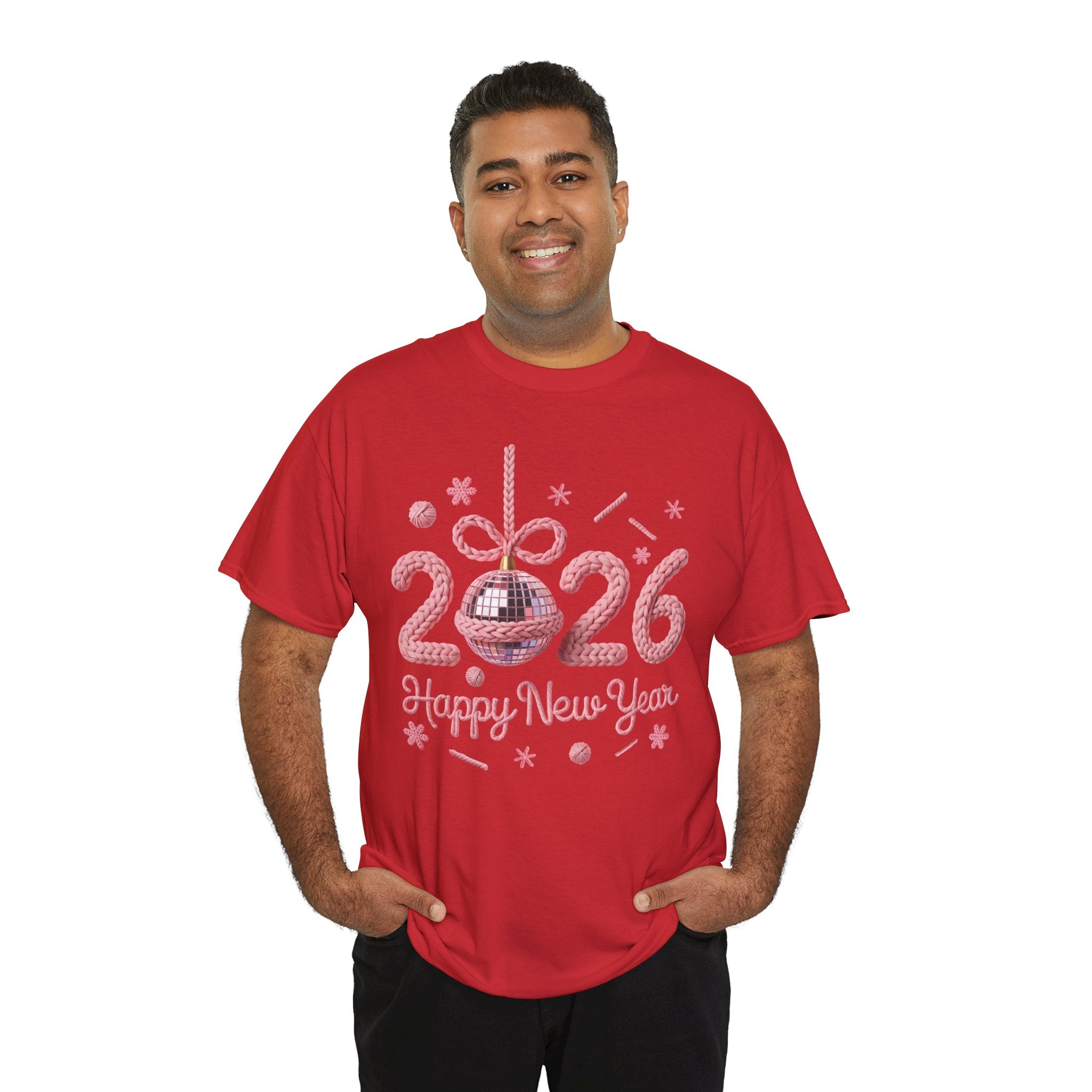 2026 Happy New Year Pink Knitted Disco Ball Unisex Cotton Tee