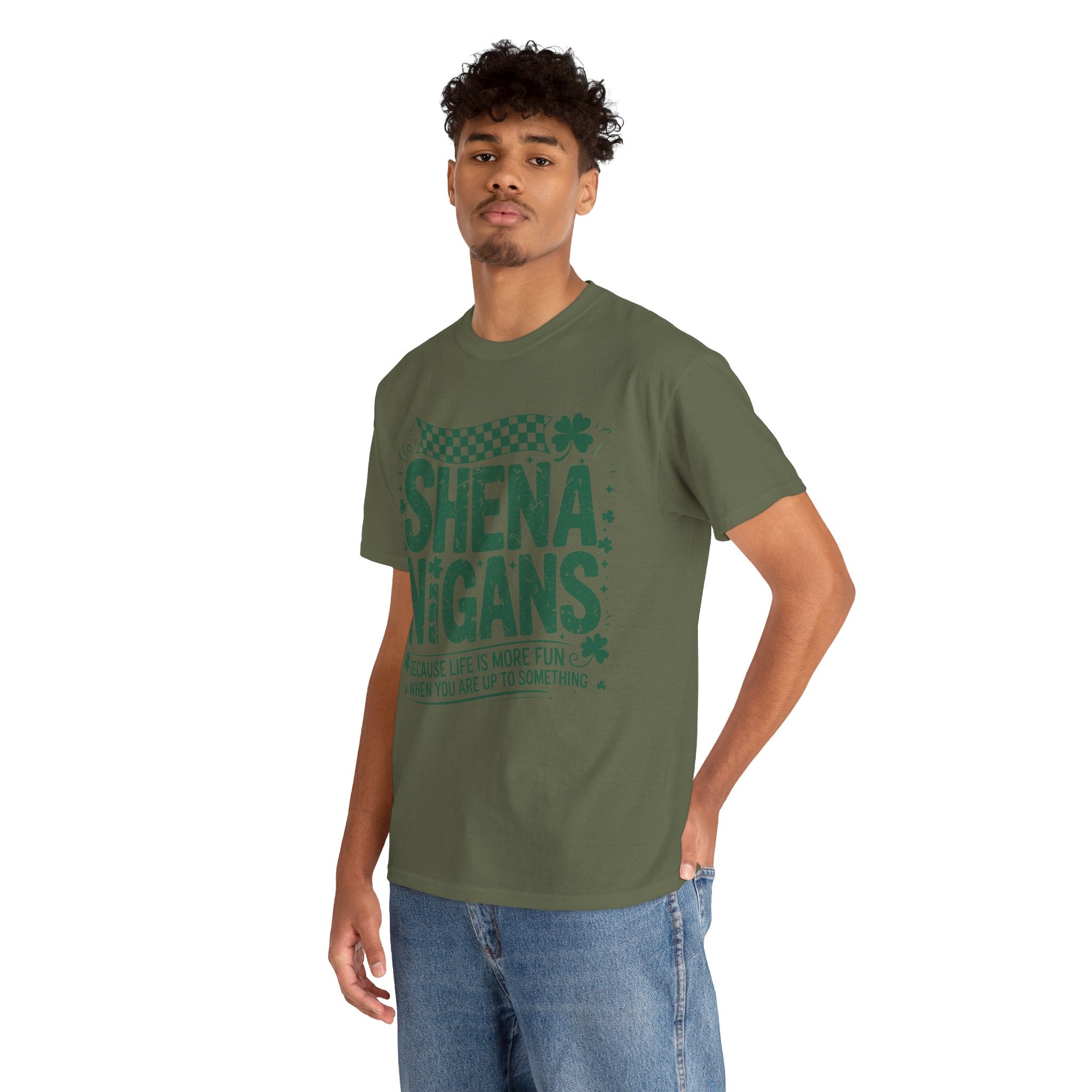 Shenanigans Clover Tee — Bright Green St. Patrick’s Day Shirt with Checkered Flag Unisex Cotton Tee