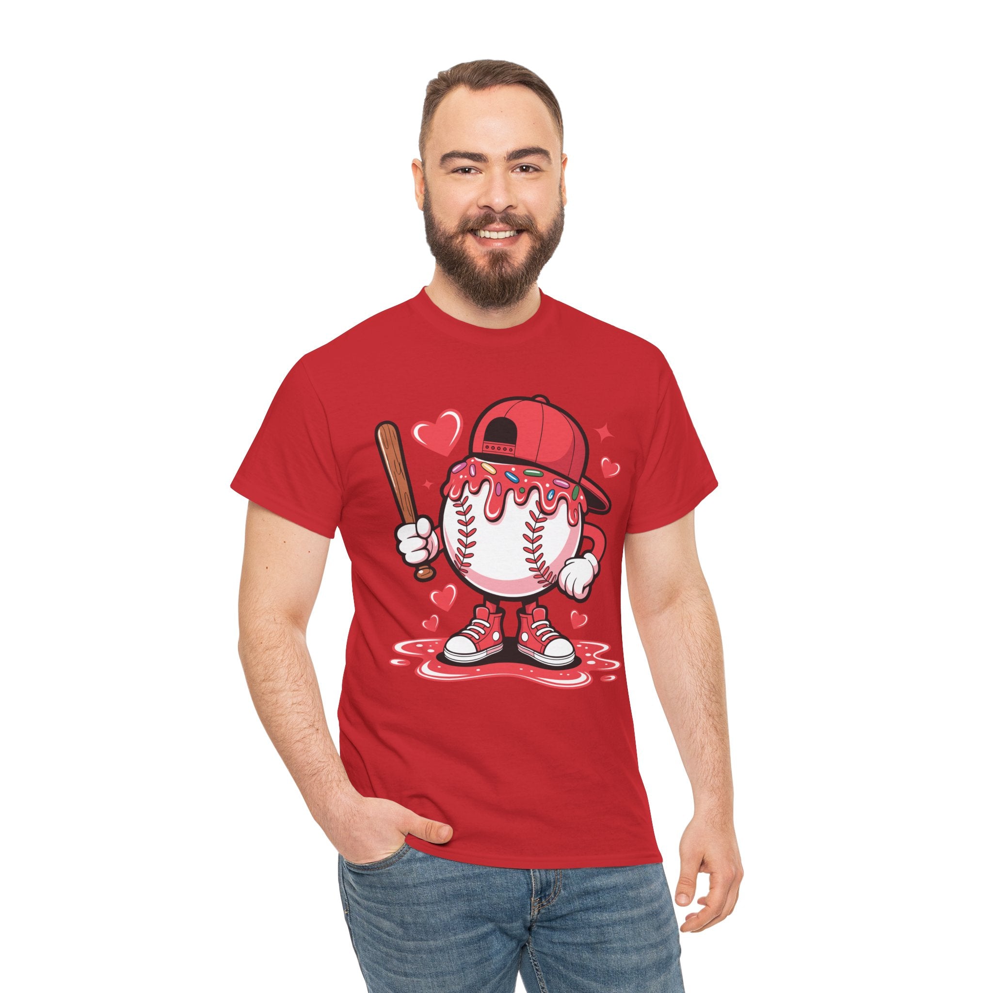 Cute Baseball Character T-Shirt — Red Cap & Icing Top Graphic with Hearts Unisex Cotton Tee