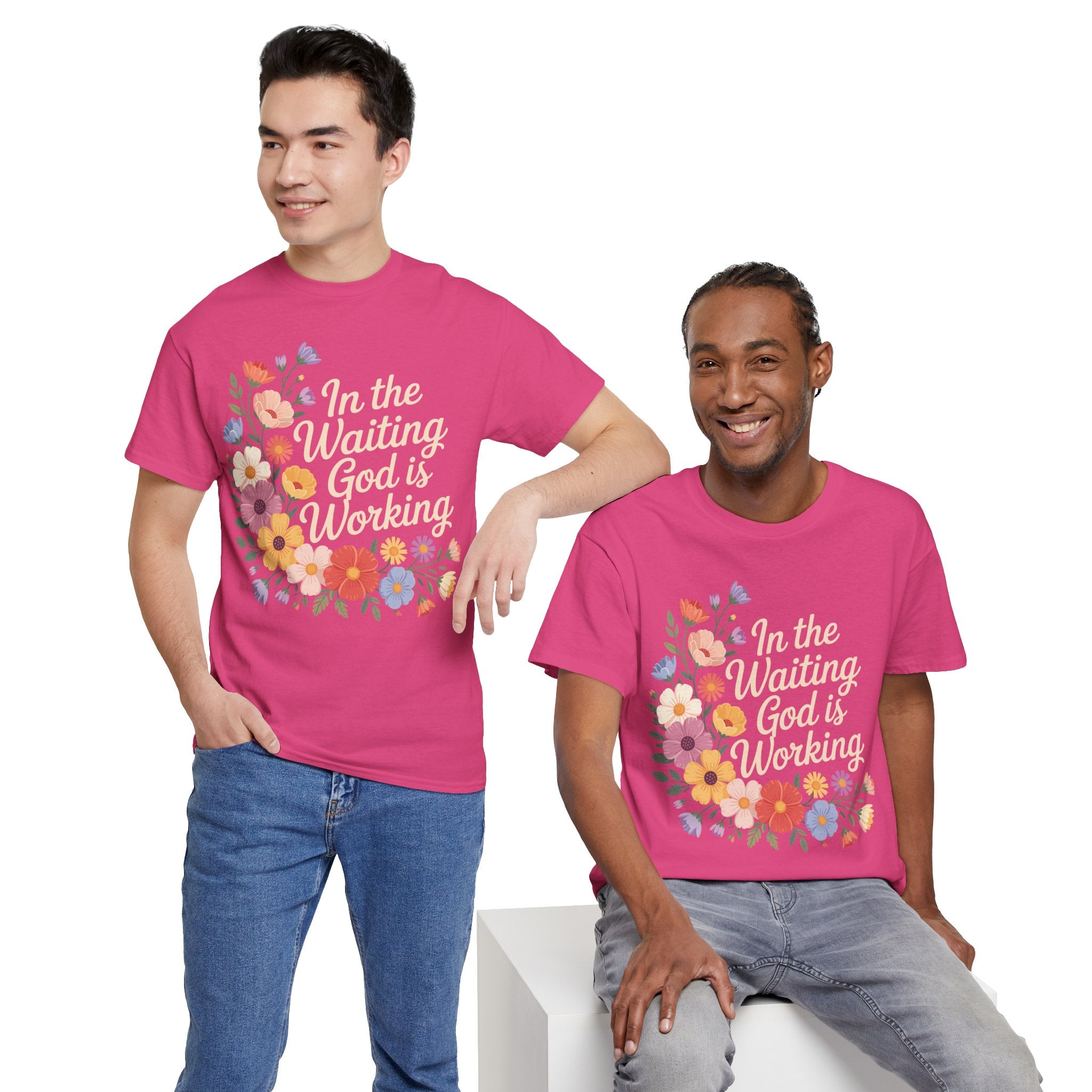 Pastel Floral “In the Waiting God Is Working” Unisex Cotton T-Shirt